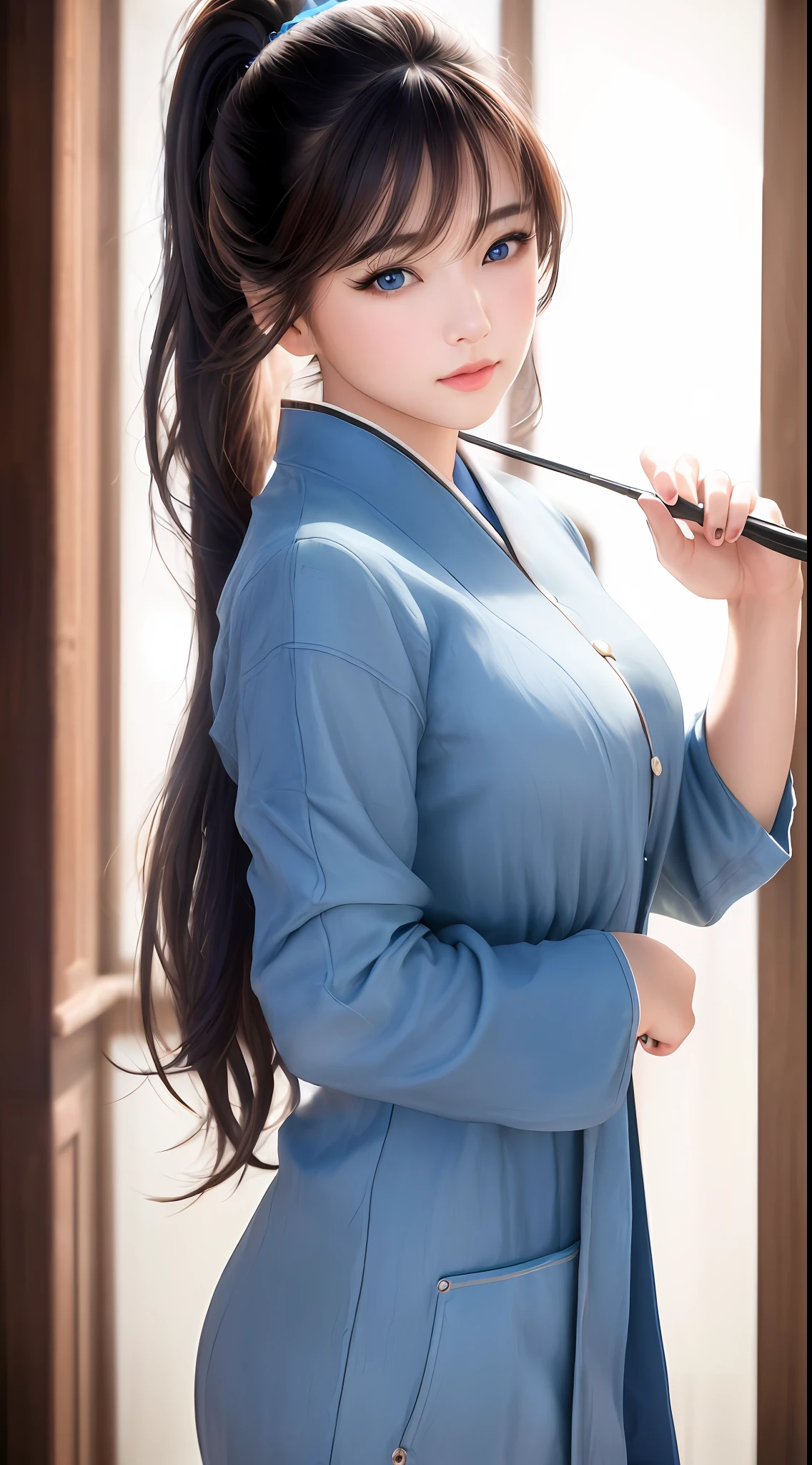 best quality, masterpiece, 1girl, Beautiful face, (photo realistic:1.3), soft lighting, (high detailed skin:1.2), 8k uhd, dslr, high quality, high resolution, 4k, 8k, absurdres, best ratio four finger and one thumb, (realistic:1.3), pretty korean woman, medium breasts, little lips, (blue eyes), ponytail contorted,