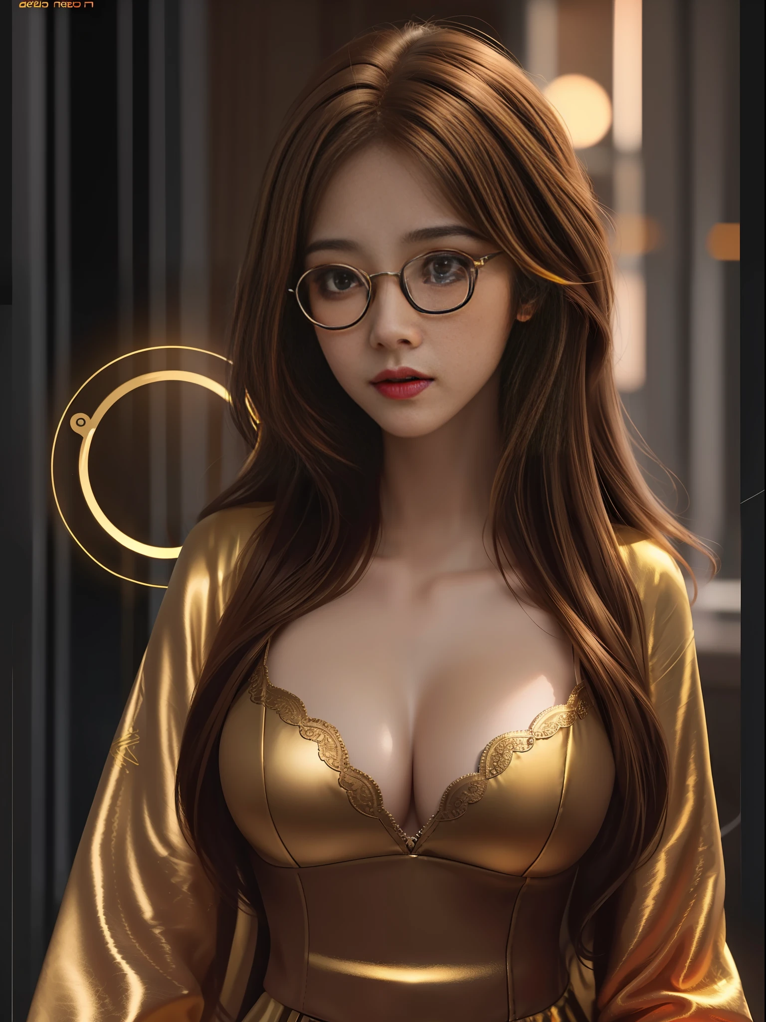 Best quality, masterpiece, ultra high resolution, eye-catching, 1girl, cinematic lighting, golden brown hair, 8k4k, text, logo png | Red eyes, mono, big breasts, round glasses