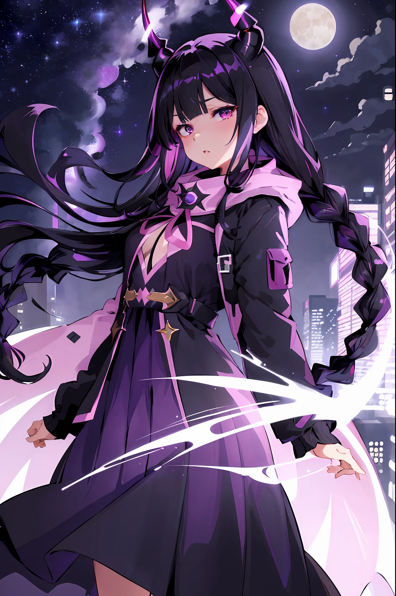 ((masterpiece:1.2, best quality)), 4k, gelbooru, pixiv, best quality, ultra-detailed, 8k, illustration, warm lighting, 1 woman, young adult,, beautiful youthful woman, ((black hair, elegant hairstyle, hime-cut bangs, straight bangs, braids)), ((demon horns)), ((purple eyes, sharp eyes)), full lips, elegant pose, medium breast size, starry sky, scowl, detailed city background, (long skirt, modern clothes, puffy jacket), ((modern)), neo fantasy, modern fantasy, black-purple color scheme, moon shine