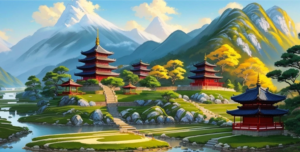 painting of a chinese village with a pagoda and a path, ross tran. scenic background, anime scenery concept art, anime landscape, scenery artwork, anime background art, andreas rocha style, anime landscape wallpaper, dojo on a mountain, anime countryside landscape, anime scenery, traditional japanese concept art, beautiful anime scenery, g liulian art style, ancient city landscape