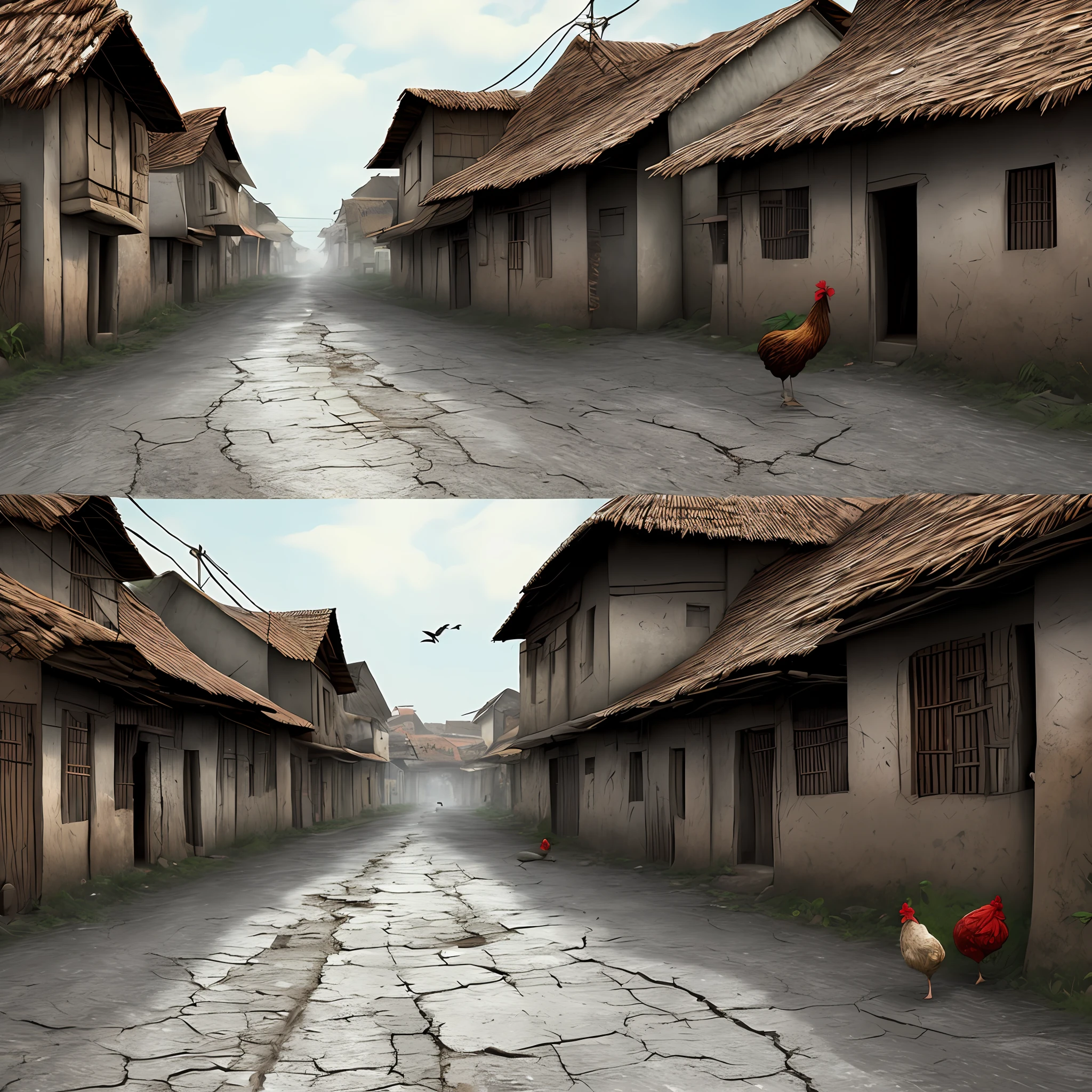 street with uneven asphalt presenting some cracks and holes, WITH some mud houses with mud roofs, a chicken chipping away, REALISTIC, AWARD-WINNING DIGITAL ART, (insanely detailed0:1.1), 20 megapixels