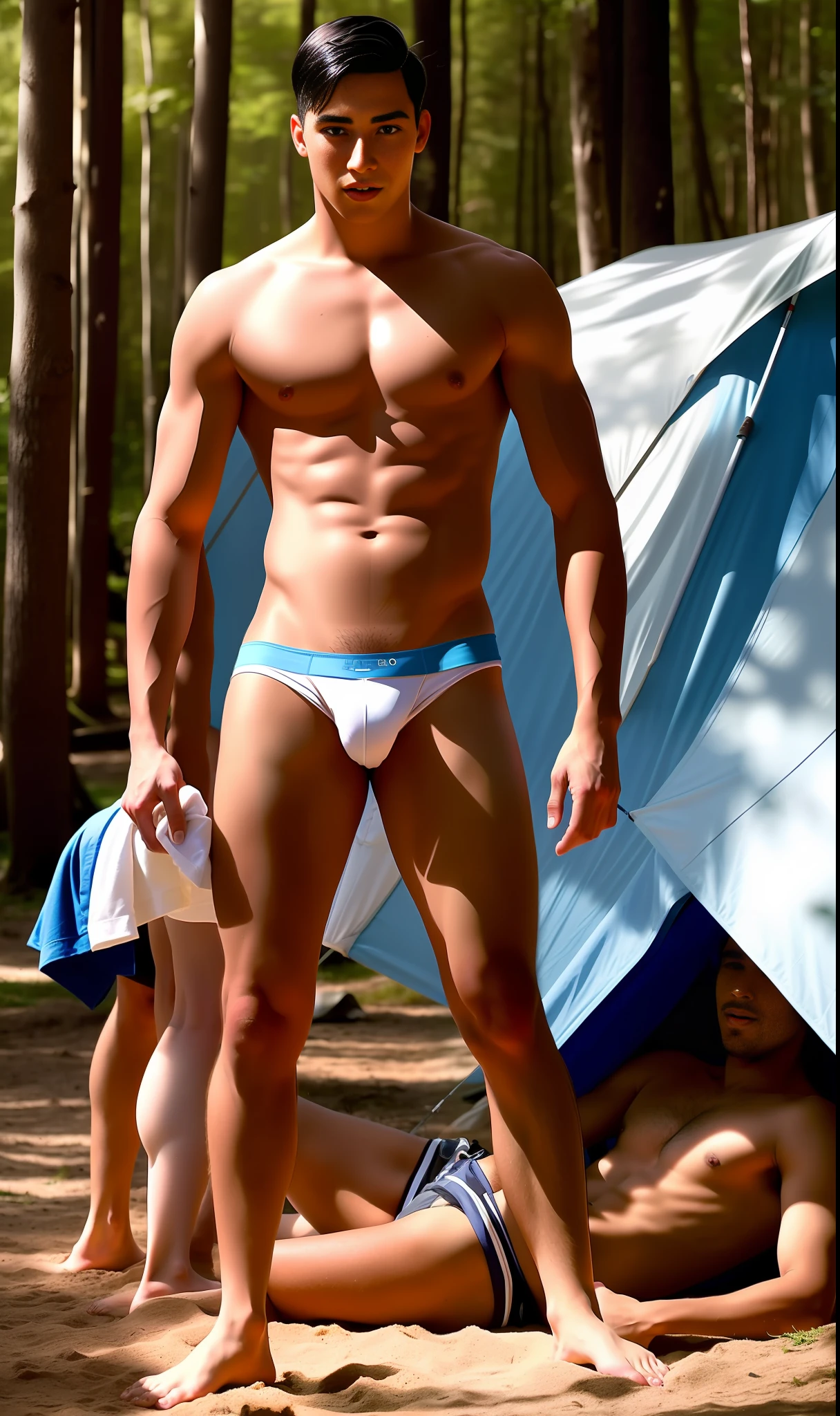 young adult men of different ethnicities, and semi naked, in a camp only of semi-naked men with clothes, shorts and sexy underwear and a sports uniform, in the men's camp, showers, sexy boys inside the tents, school carpet, rich, erotic, sensual, lascivious masculine, seductive, exciting, domineering, fearful, disturbing, perversely sexual, sexy, men only, romantic, good-humored, romantic, full body; very detailed skin, skin pores, casual clothing, sunny weather, forest, tents, 8k UHD, DSLR, dim lighting, high quality, film grain, Fujifilm XT3.