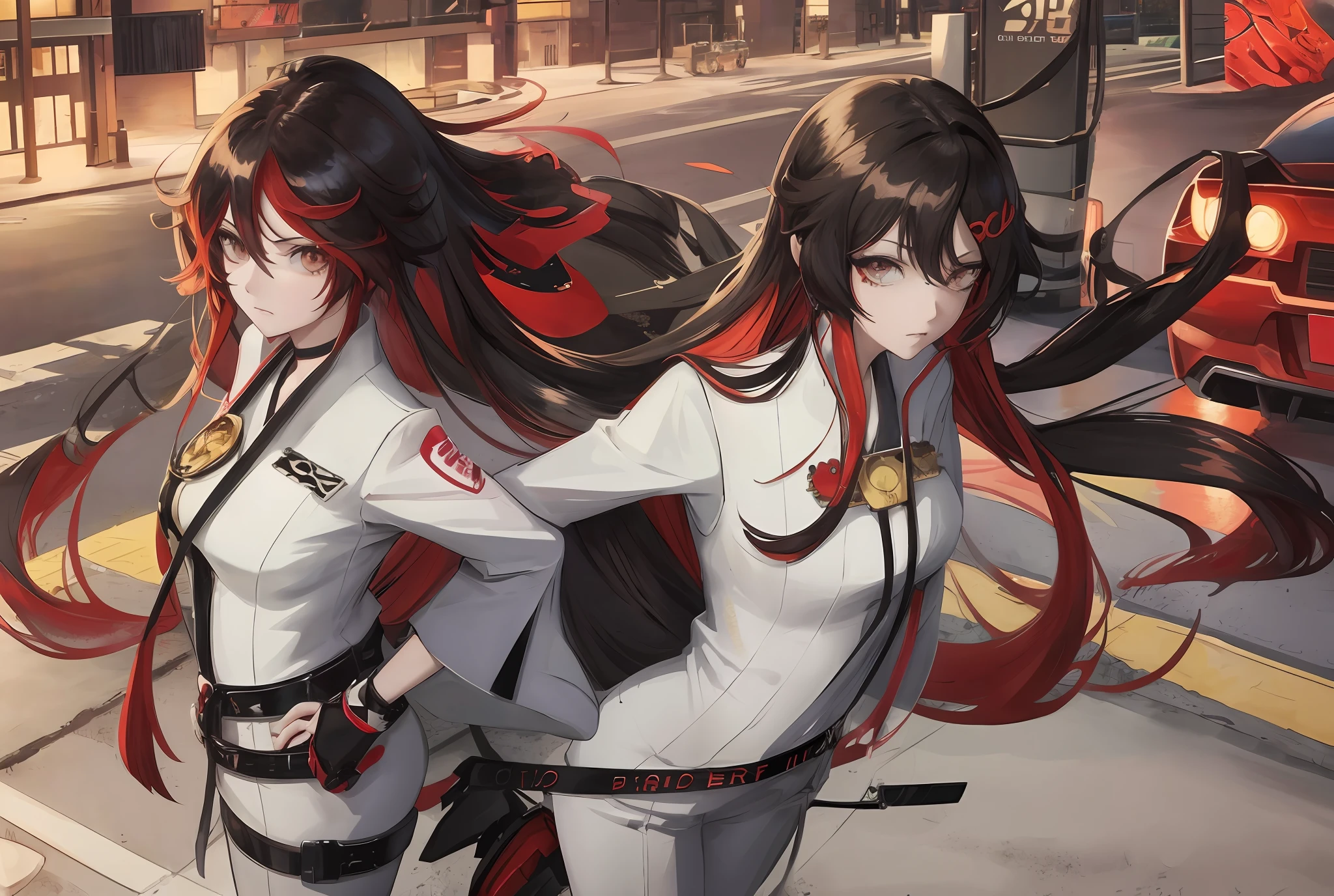 Anime girl standing in front of red sports car, city background, anime style 4K, badass anime 8K, anime girl with long hair, anime girl with long black hair, one girl,