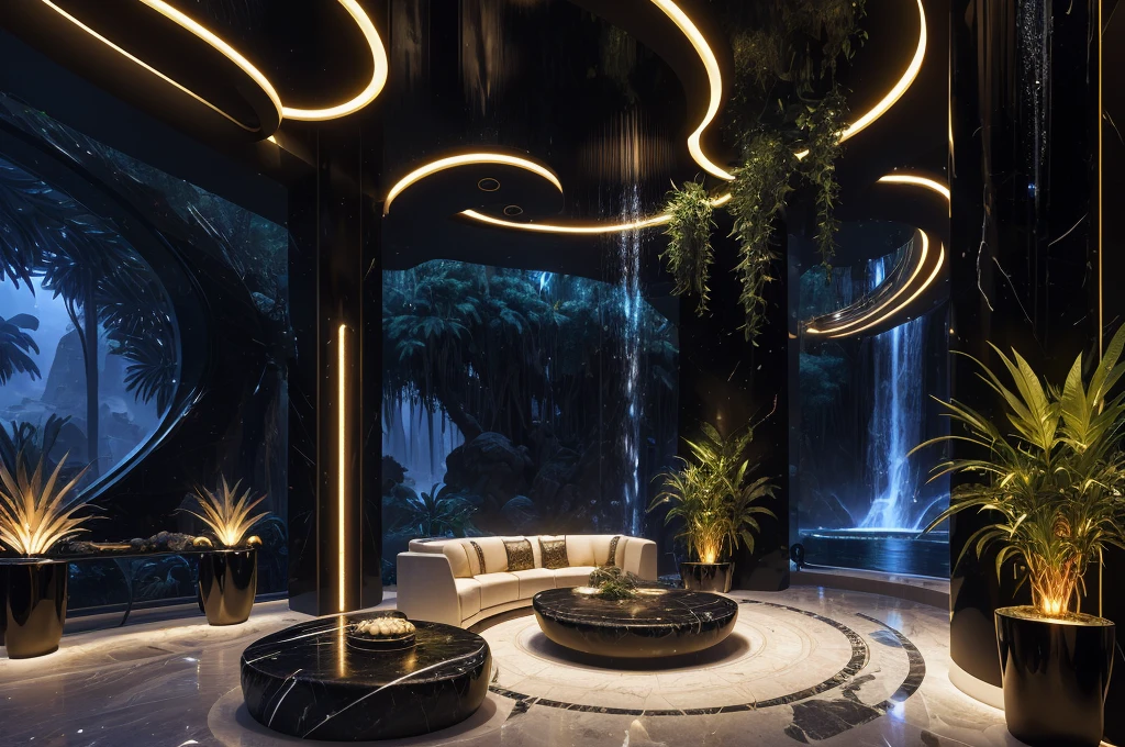 incredible black luxurious futuristic interior in Ancient Egyptian style with many (((lush plants))) (lotus flowers), ((palm trees)), (((african flowers))), rocky walls, ((sand)), ((waterfalls)) (marble), ((precious minerals)), ((metals)), (gemstones), crystals, clouds and ((water)), (curvy futuristic furniture), (hieroglyphics), ((trees, flowers, plants made out of gemstones and precious minerals and lights)), crocodiles, (((ultra luxury))), (black marble) – with ((beautiful lights)), Unreal Engine, HQ, 16k