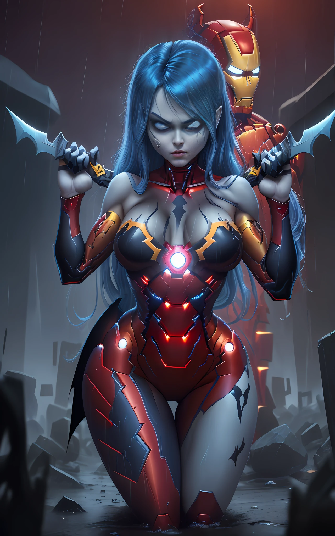 16k image, Unreal Engine 5, cartoon style, ((woman/demon/skeleton/zombie/iron man/Batman/spider-man/Samus Aran/pose with weapons)), long blue hair, blue eyes, looking at the viewer, in a macabre graveyard with heavy rain with thunder.