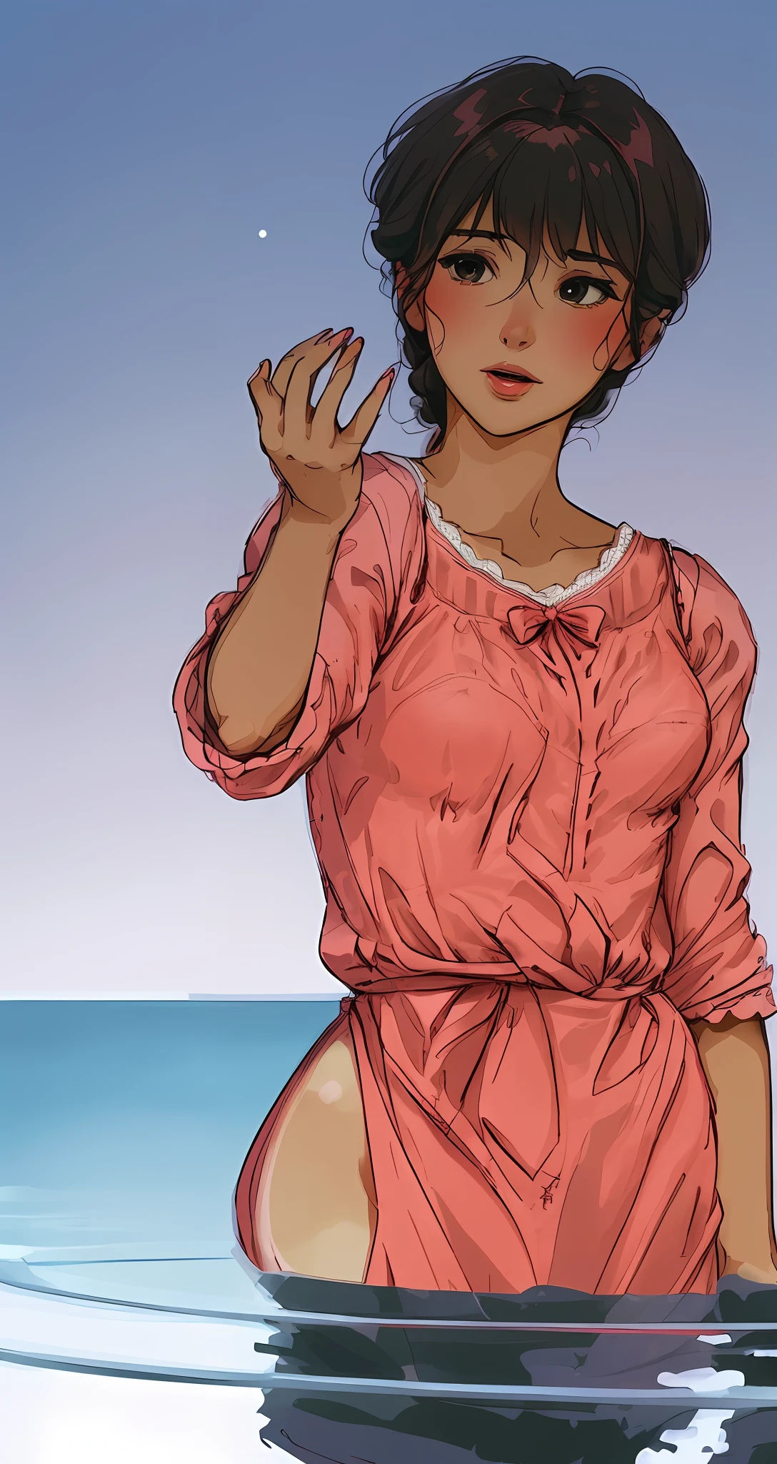 Well made hand, delicate hand, well drawn hand, beautiful fingers, beautiful nails, semi open mouth, delicate mouth, sensitive, harmless, lace on dress, pink bow, lace on dress, pink bow, red thread on the waist, red thread squeezing dress at the waist, thread with scarf fabric