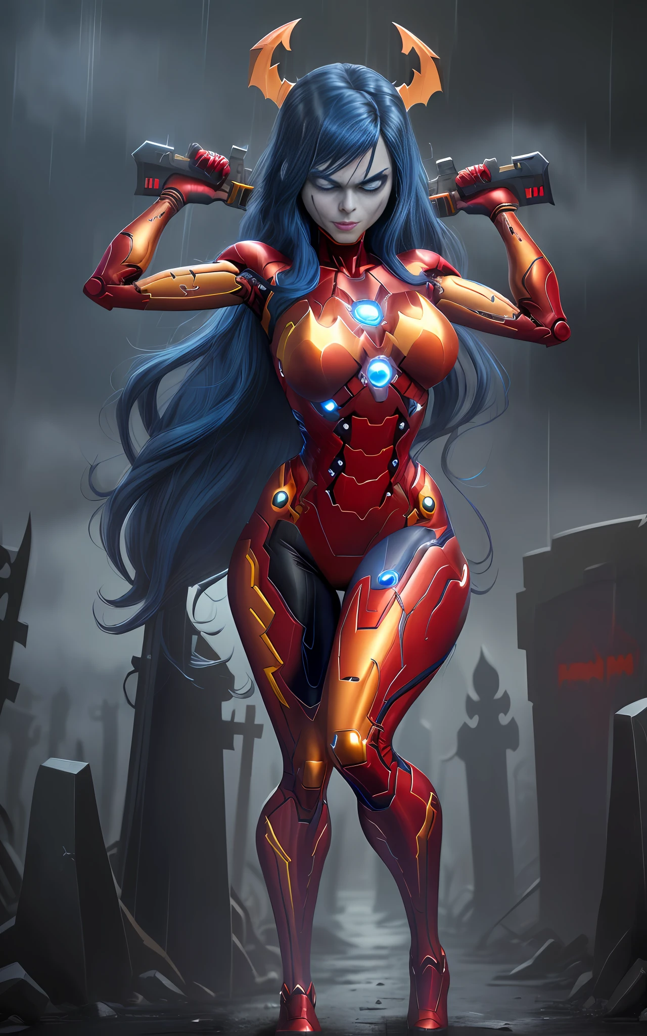 Image 16k, Unreal Engine 5, cartoon style, ((woman/demon/skeleton/zombie/iron man/Batman/spider-man/Samus Aran/pose with guns)), long blue hair, blue eyes, looking at the viewer, running, in a macabre graveyard with heavy rain with thunder.