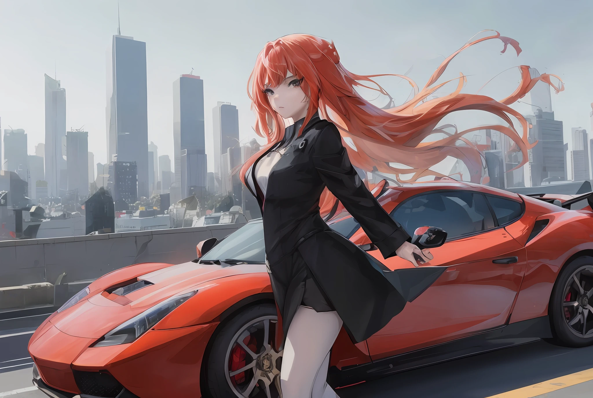 Anime girl standing in front of red sports car, city background, anime style 4K, badass anime 8K, anime girl with long hair, anime girl with long black hair, single girl
