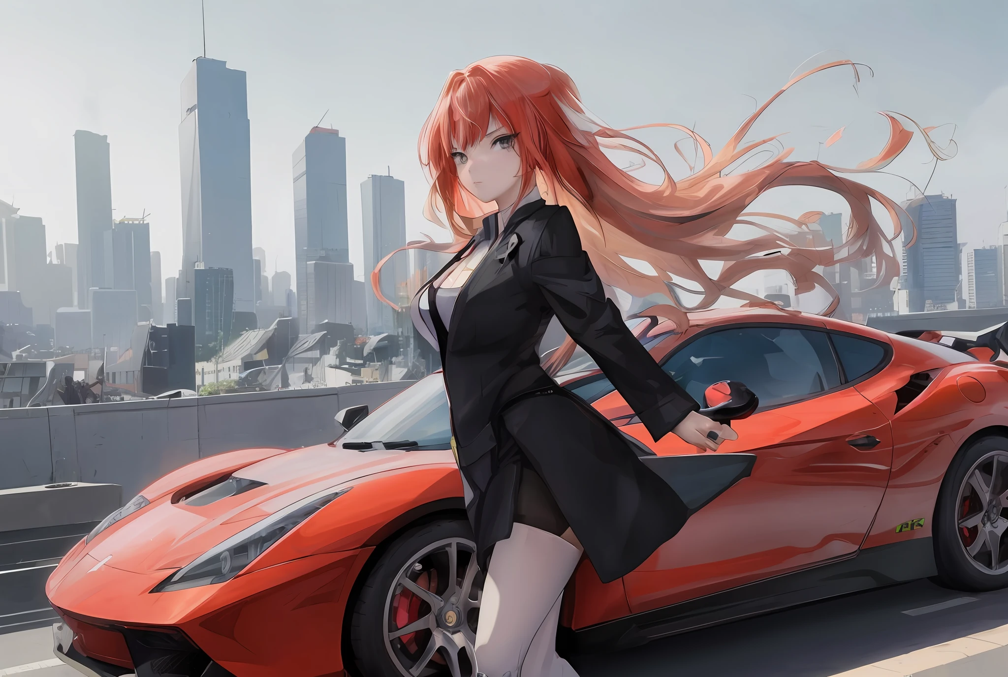 Anime girl standing in front of red sports car, city background, anime style 4K, badass anime 8K, anime girl with long hair, anime girl with long black hair, single girl