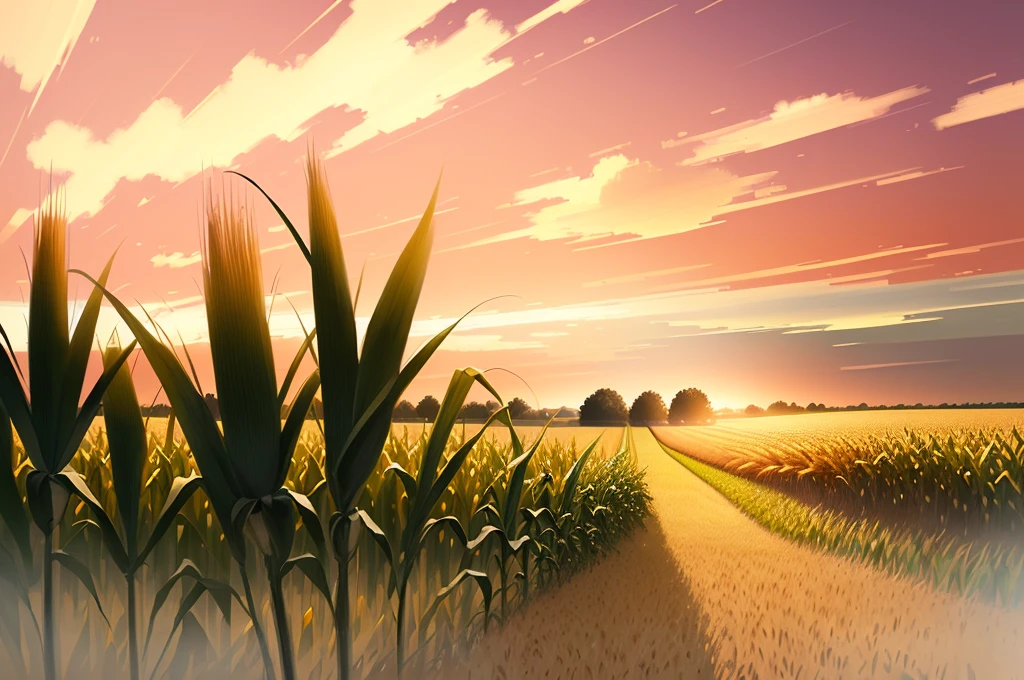 a corn field with some grains in the foreground, late summer, beautiful coloured sky, hyperrealistic digital concept art with edgy coarsebrush strokes. concept art in the style of brett amory.