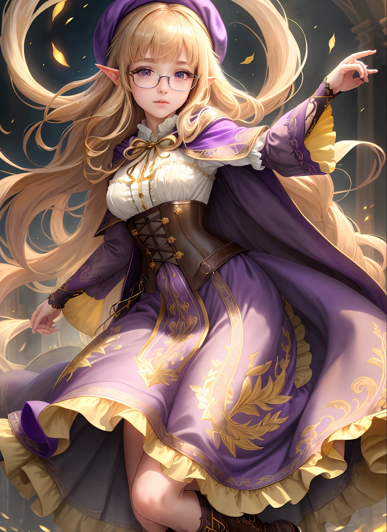 ((extremely detailed CG unity 8k wallpaper)), masterpiece, ultra-detailed, floating, high resolution, (small breasts, slender, "absurdly long golden hair with bangs tied low with a ribbon", purple eyes, glasses, wizard, elf ears, princess, ("ornate layered purple corset dress with gold embroidery and long open sleeves with a long skirt and petticoat"), beret, cloak, riding boots,
