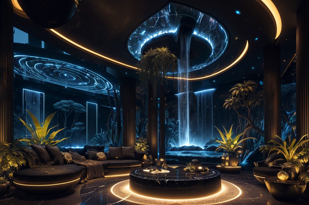 incredible black luxurious futuristic bedroom interior in Ancient Egyptian style with many (((lush plants))) (lotus flowers), ((palm trees)), (((african flowers))), rocky walls, ((sand)), ((waterfalls)) (marble), ((precious minerals)), ((metals)), (gemstones), crystals, clouds and ((water)), ((curvy futuristic furniture)), (hieroglyphics), ((trees, flowers, plants made out of gemstones and precious minerals and lights)), crocodiles, (((ultra luxury))), (black marble) – with ((beautiful lights)), Unreal Engine, HQ, 16k