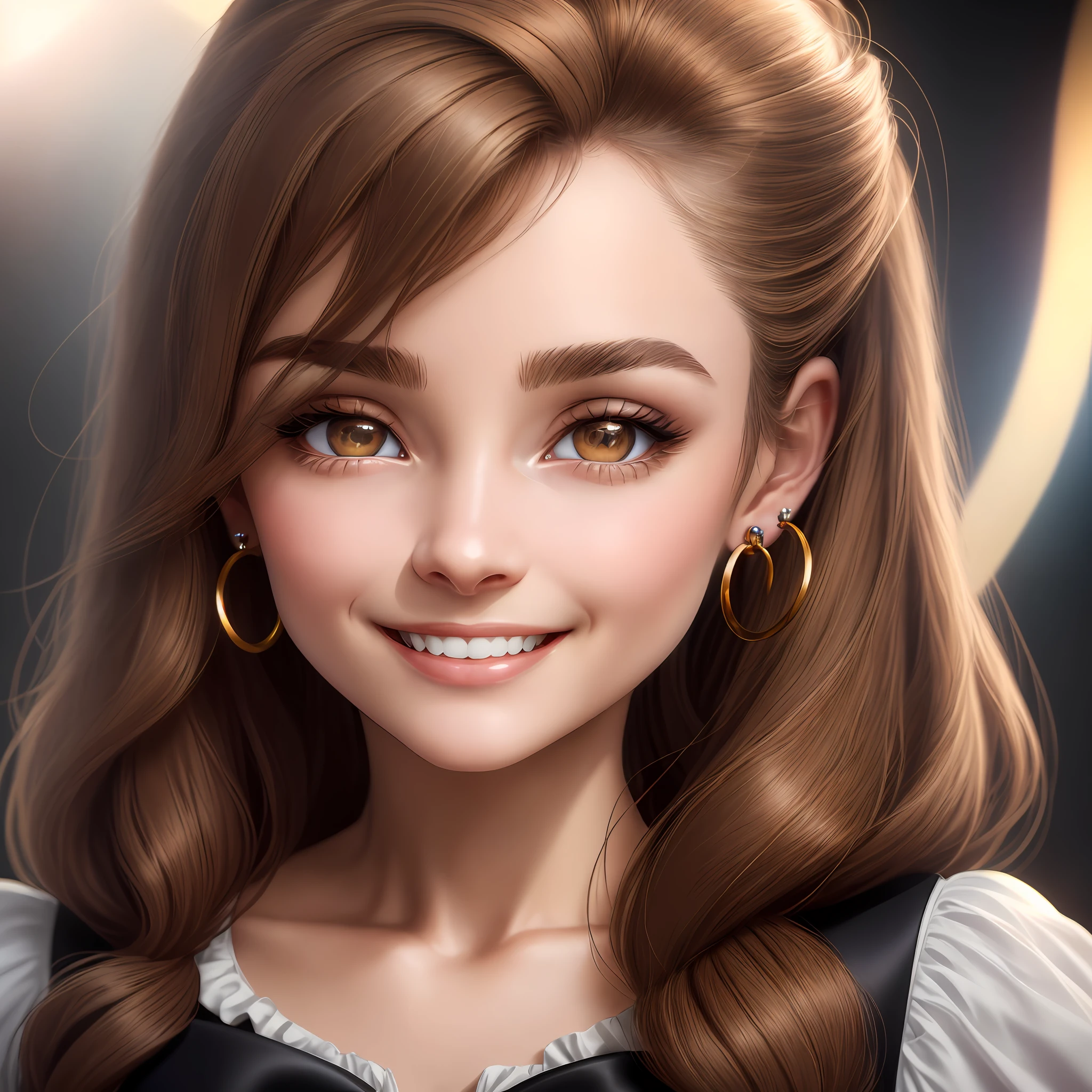 light brown hair, hair behind ear, hair between eyes, mini top hat, color contact lenses, hoop earrings, smile, Surrealism, Verism, cinematic lighting, bust chart, close-up, lens flare, UHD, masterpiece, highres, high quality, super detail,Audrey Hepburn,Enchanting figure,super realistic,super beautiful