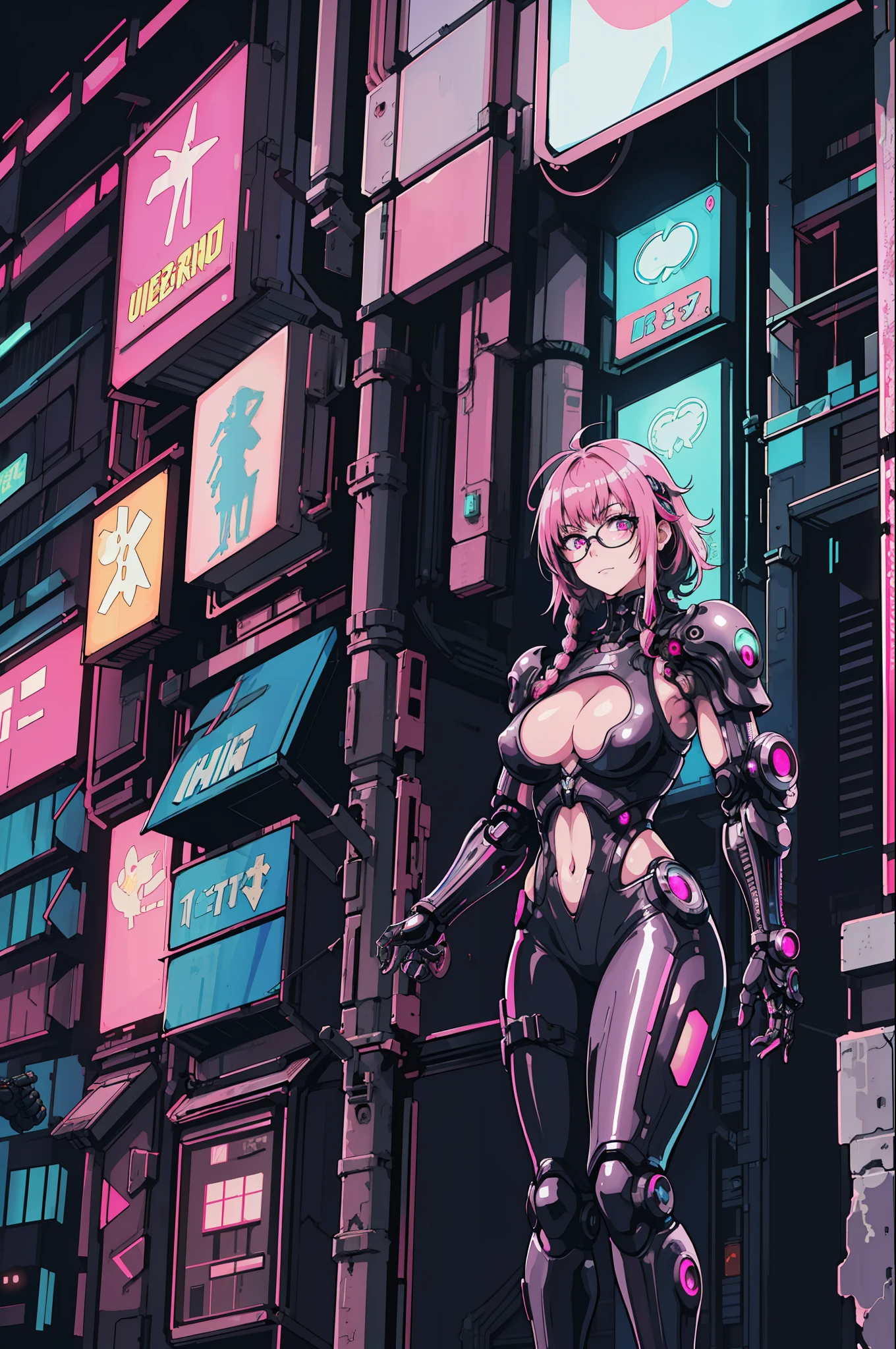 1girl, close-up, intricate details, (cyberpunk:1.4), mechanical arms, glasses, messy hair, (shiny neon armor:1.2), machines, black background, big breasts, pink hair, curvy girl but fit, a gun in her hand