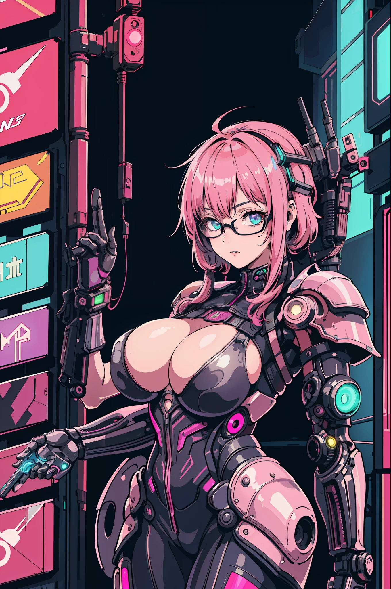 1girl, close-up, intricate details, (cyberpunk:1.4), mechanical arms, glasses, messy hair, (shiny neon armor:1.2), machines, black background, big breasts, pink hair, curvy girl but fit, a gun in her hand