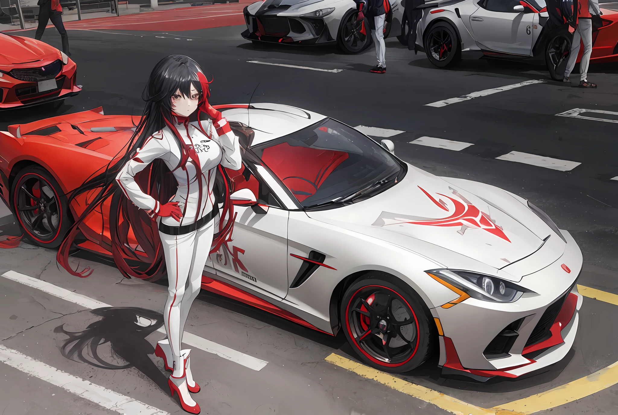 Anime girl standing in front of red sports car, city background, anime style 4K, badass anime 8K, anime girl with long hair, anime girl with long black hair, one girl,
