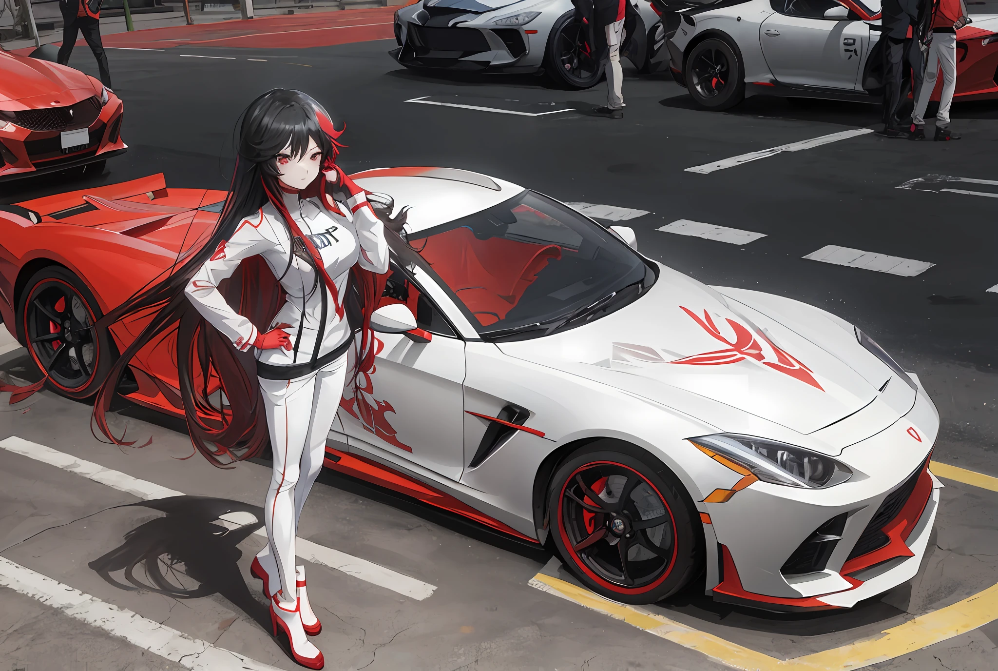 Anime girl standing in front of red sports car, city background, anime style 4K, badass anime 8K, anime girl with long hair, anime girl with long black hair, one girl,