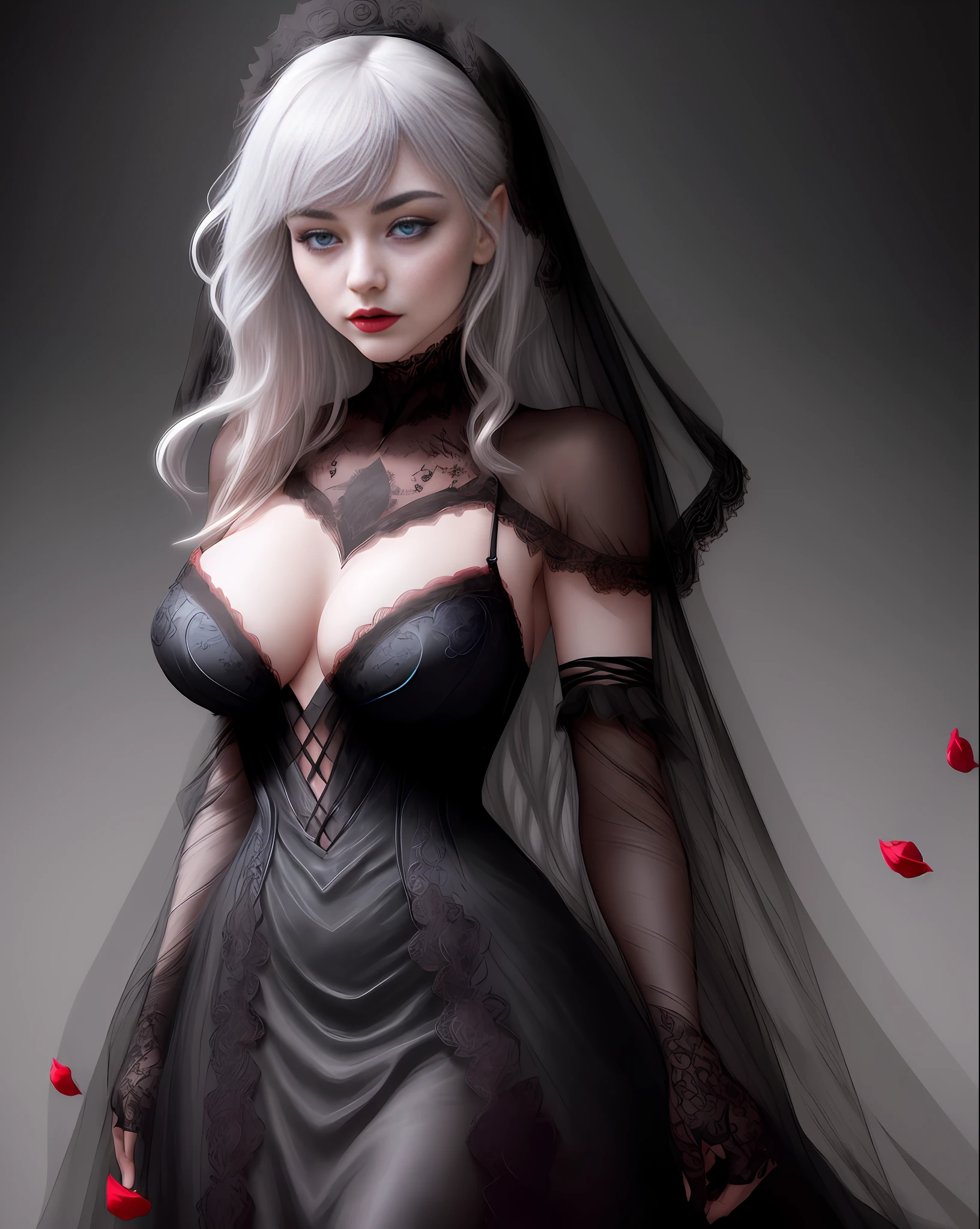 Imogen Poots, hyper realistic cracked skin, goddess of beauty and love, big round breasts, (lace fabric), a black lace veil, black choker, flying red petals, red lipstick, blue eyes, detailed and super bright, provocative poses, ultra realistic, 8k, richness of detail, masterpiece, trend, perverted smile, black gloves, perverted look, well-defined features and shadows, (black lace dress with flying layers, very sensual with stunning neckline), a black rose in the hair, she has long white hair flowing smoothly in the wind, well defined, realistic photography, striking features, black minimalist photo studio background, fantasy style