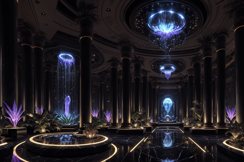 incredible black luxurious futuristic interior in Ancient Egyptian style with many (((lush plants))) (lotus flowers), ((palm trees)), ((african flowers and plants)), rocky walls, ((sand)), ((waterfalls)) (marble), ((precious minerals)), ((metals)), (gemstones), crystals, clouds and (((water))), (hieroglyphics), ((trees, flowers, plants made out of gemstones and precious minerals and lights)), crocodiles, (((ultra luxury))), (black marble) – with ((beautiful lights)), Unreal Engine, HQ, 16k