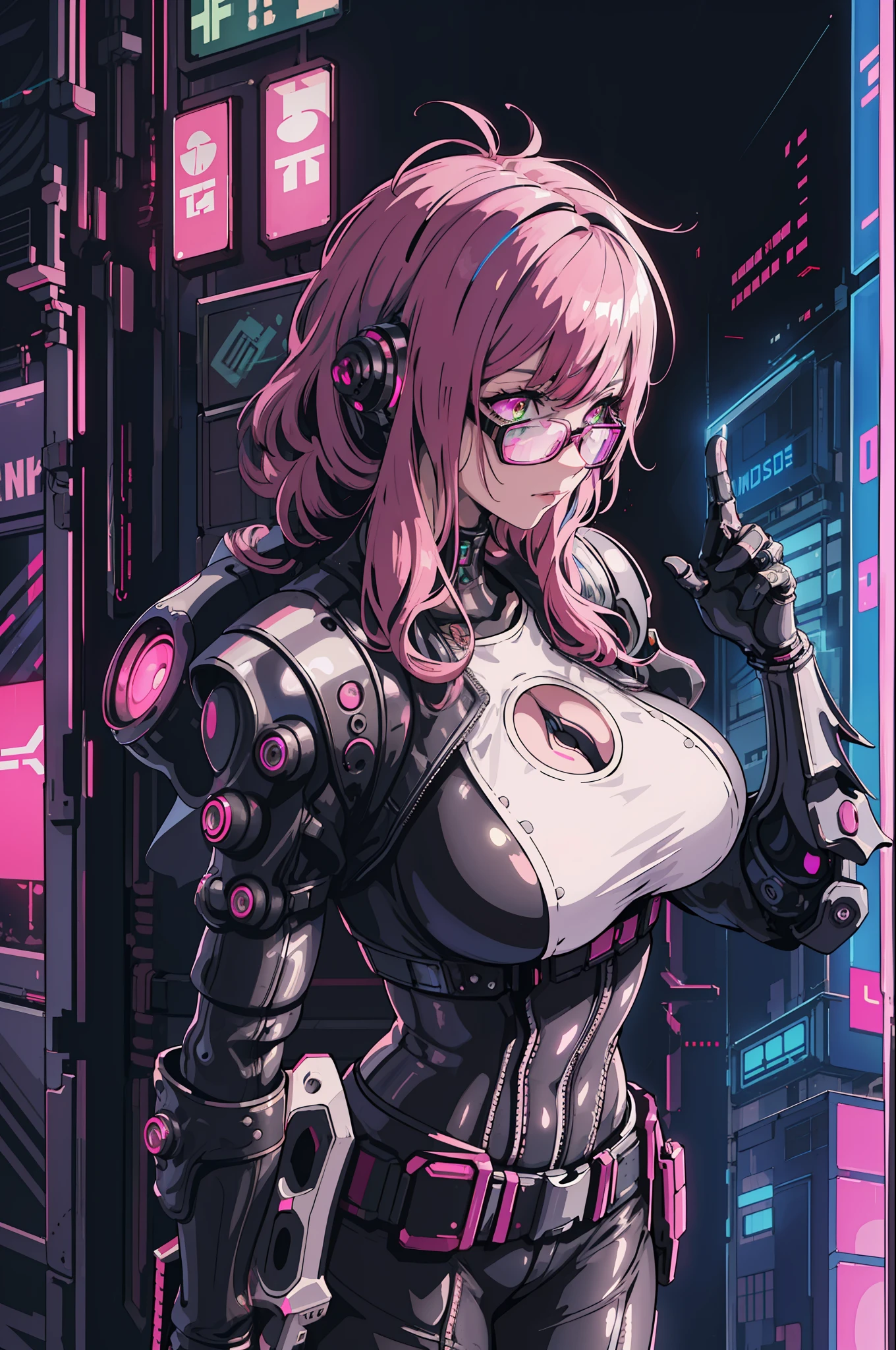 1girl, close-up, intricate details, (cyberpunk:1.4), mechanical arms, glasses, messy hair, (shiny neon armor:1.2), machines, black background, big breasts, pink hair, curvy girl but fit, a gun in her hand