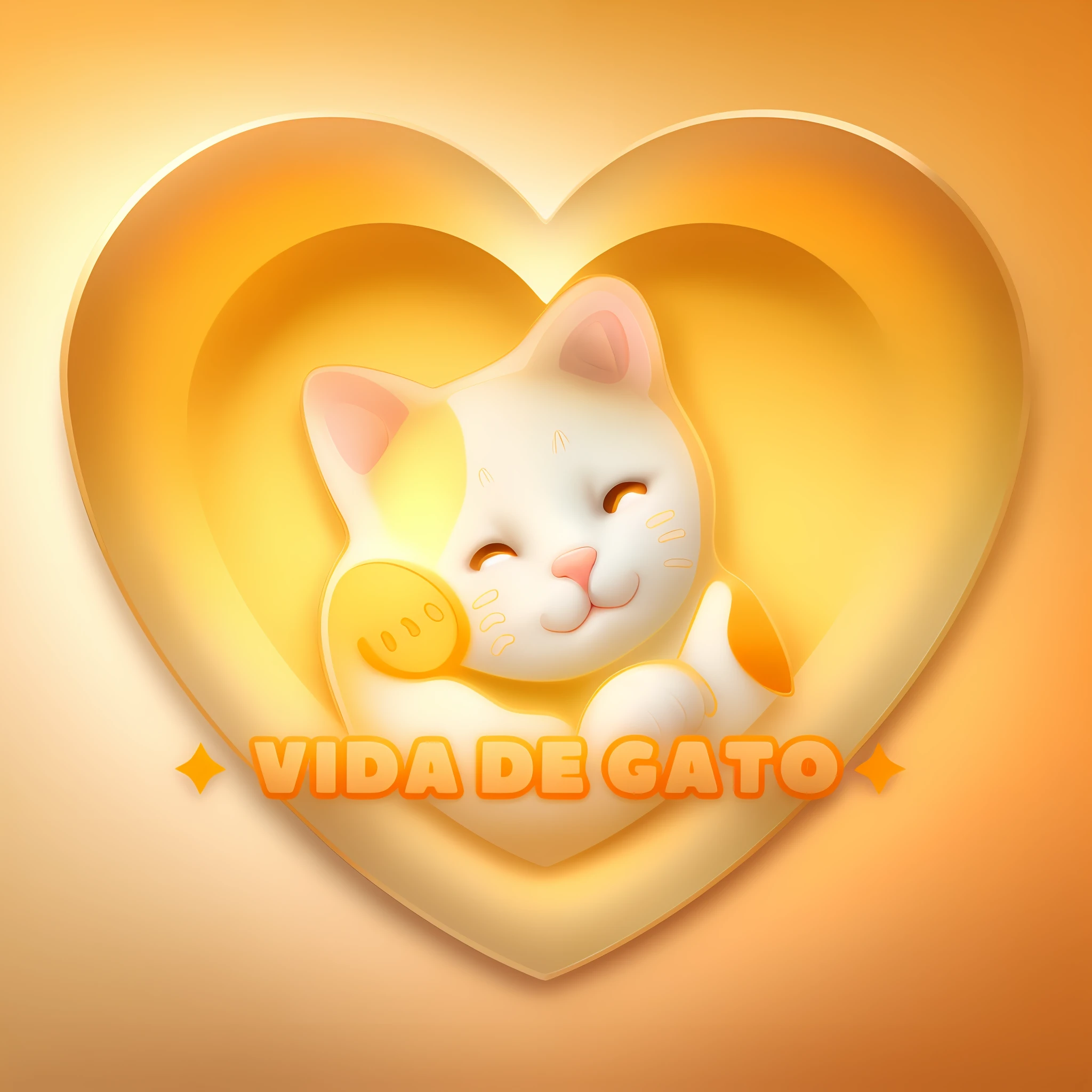 Make this image look in 3d, soft shades of yellow and orange, transparent background, highlight cat, shades of white on cat