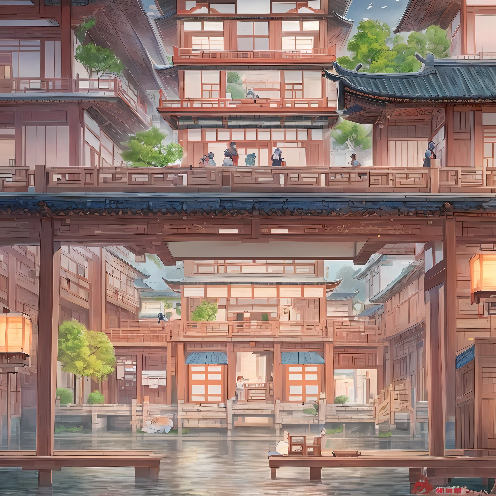 Jiangnan Water Town, depicting the daily life of girls, meticulous, Republican elements, high-quality, 8k, masterpiece, flat style, with brushstrokes, epic sense, thick, heavy, Morandi color system
