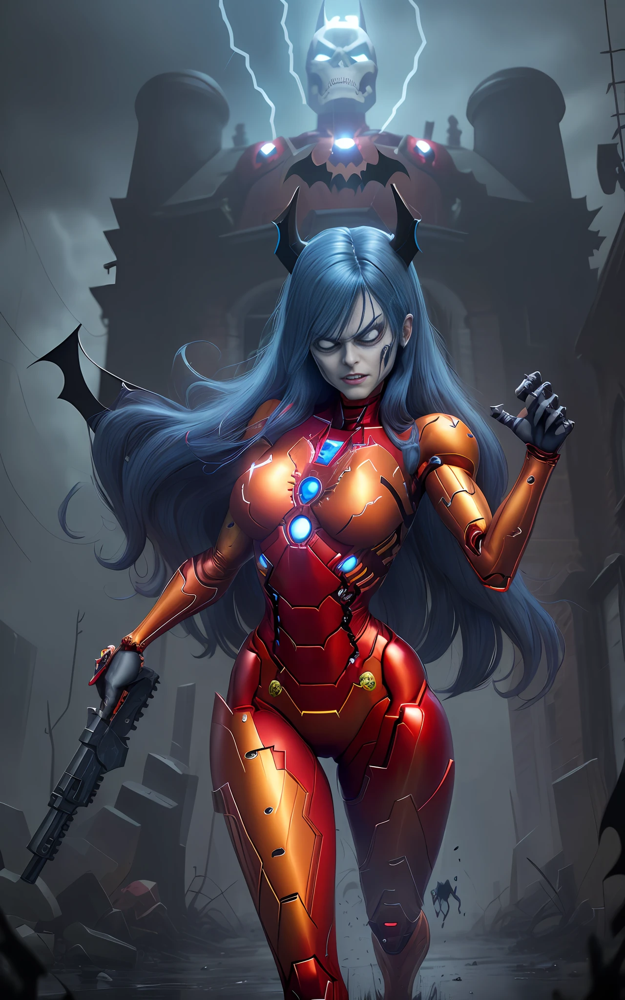 Image 16k, Unreal Engine 5, cartoon style, ((woman/demon/skeleton/zombie/iron man/Batman/spider-man/Samus Aran/pose with guns)), long blue hair, blue eyes, looking at the viewer, running, in a macabre graveyard with heavy rain with thunder.