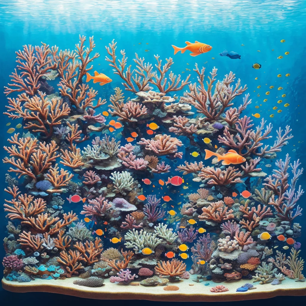 there is a painting of a fish tank with corals and other aquatic life, a beautiful artwork illustration, coral reef, underwater landscape, tropical reef, very detailed digital painting, underwater environment, reefs, masterpieceunderwater scene, undersea environment, deep sea landscape, jen bartel, amazing depth, highly detailed digital painting, low detailed. digital painting, underwater scene