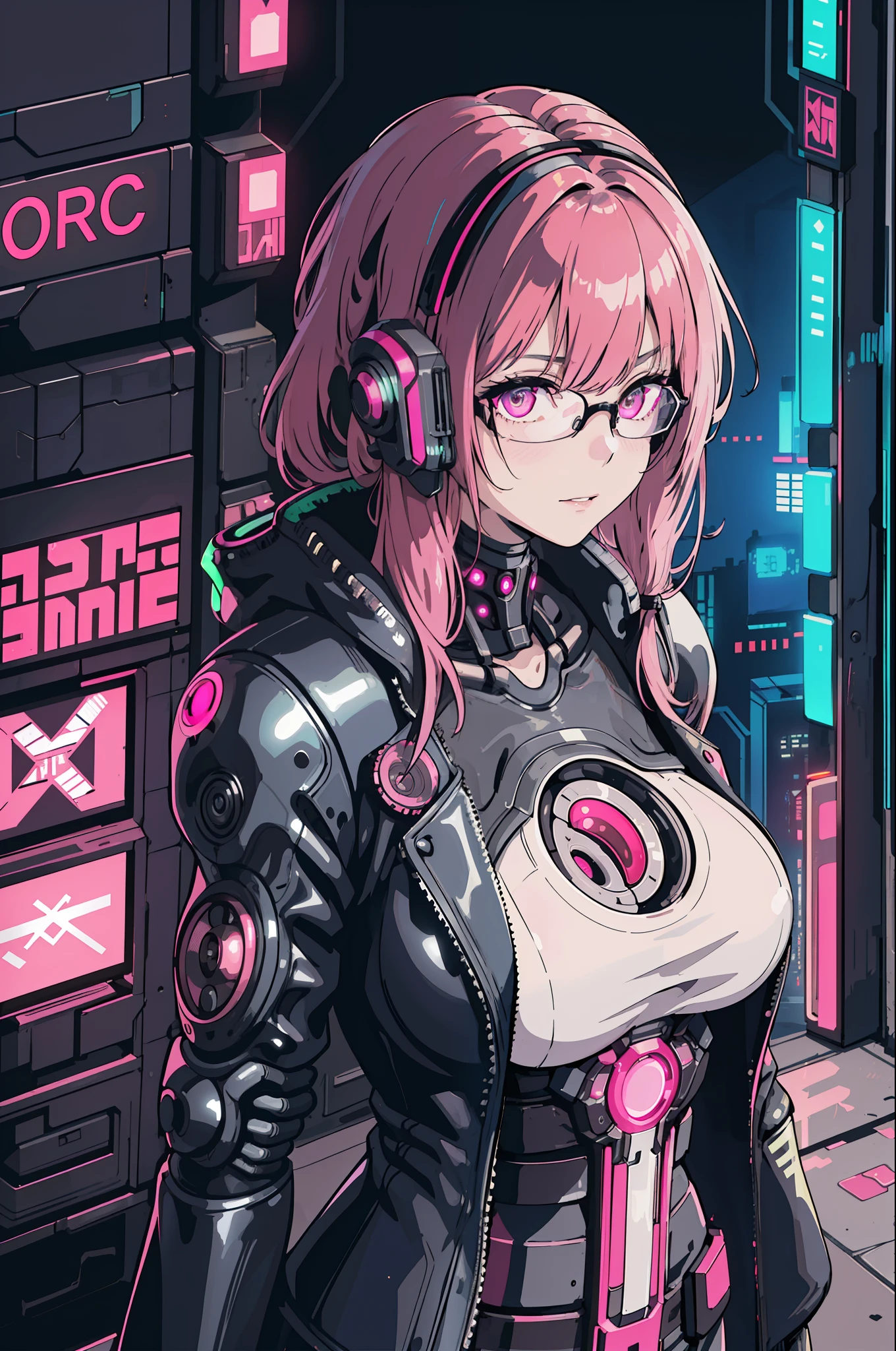 1girl, close-up, intricate details, (cyberpunk:1.4), mechanical arms, glasses, messy hair, (shiny neon armor:1.2), machines, black background, big breasts, pink hair, curvy girl but fit, a gun in her hand, bots, drones, cars