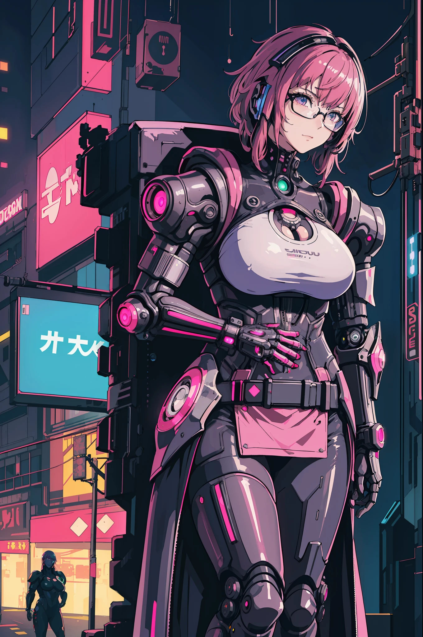 1girl, close-up, intricate details, (cyberpunk:1.4), mechanical arms, glasses, messy hair, (shiny neon armor:1.2), machines, black background, big breasts, pink hair, curvy girl but fit, a gun in her hand, bots, drones, cars