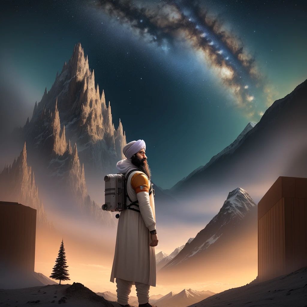 man with turban, beard standing in front of space station, trees, mountains, scientist, great looking, masterpiece, color grading