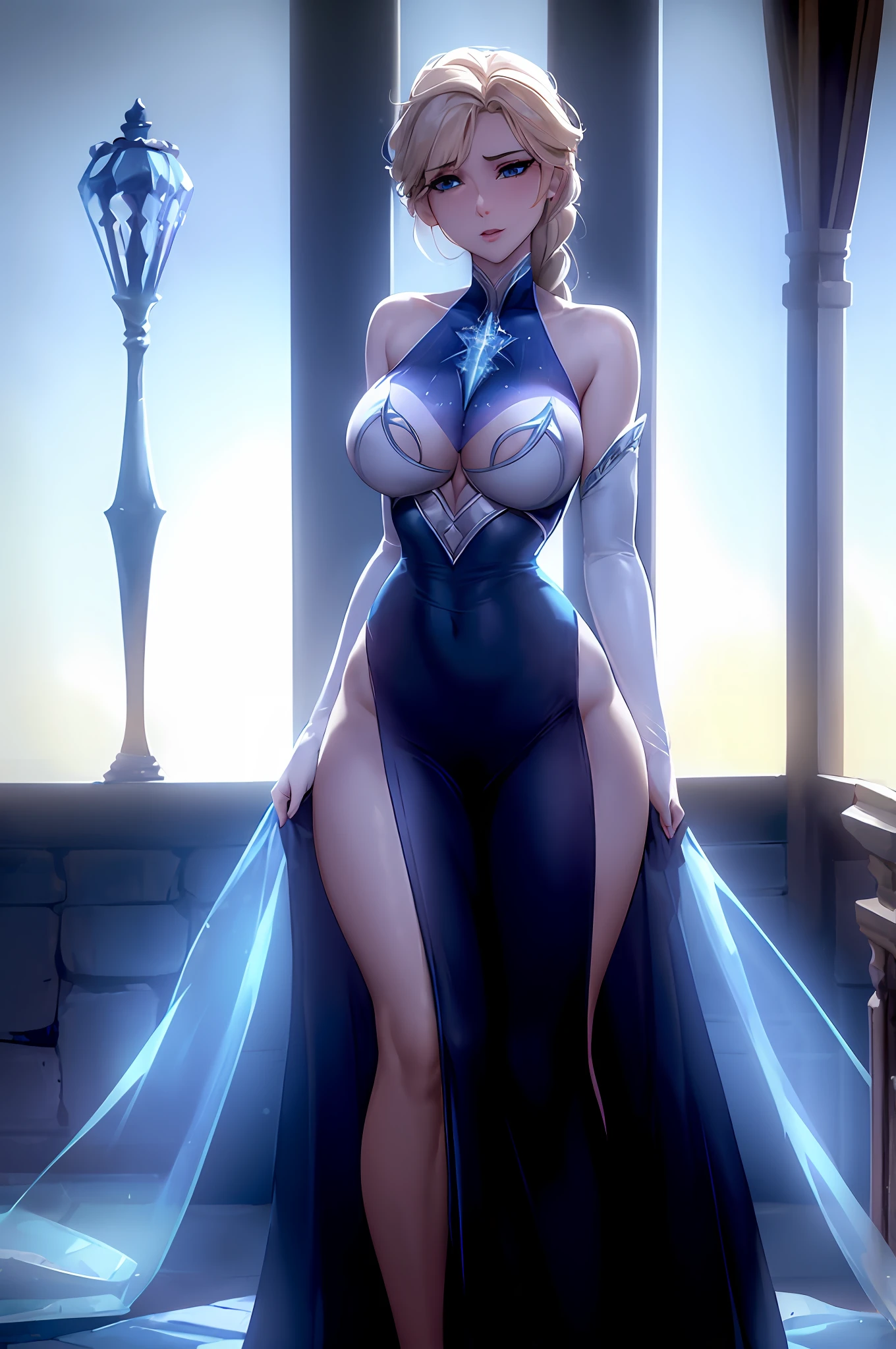 arcane style, Wrise_Elsa2, 1girl, Queen Elsa in provocative revealing tube dress, iconic Elsa outfit, form fitting, tight clothes, tight fit, corset, cinched waist, blonde hair, blond upswept bangs, iconic blonde braid, plunging neckline, boob window, very low cut, pale blue sequin dress, transparent gown, thin fabric, breasts, Disney's Frozen, sexy Elsa, big breasts, breasts, massive 34DDs, cleavage, high slit, long bare legs, smooth skin, smooth legs, hourglass figure, sexy thighs