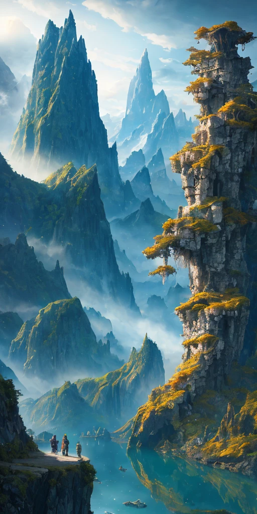 Masterpiece, best quality, high quality, extremely detailed CG unit 8k wallpaper, scenery, outdoor, sky, clouds, sky, no human, mountains, scenery, water, trees, blue sky, waterfalls, cliffs, nature, lakes, rivers, cloudy sky, award-winning photography, background blurring, depth of field, HDR, blooming, color difference, realism, very detailed, artstation trends, CGsociety trends, intricate, high detail, Dramatic, Midjournal Art