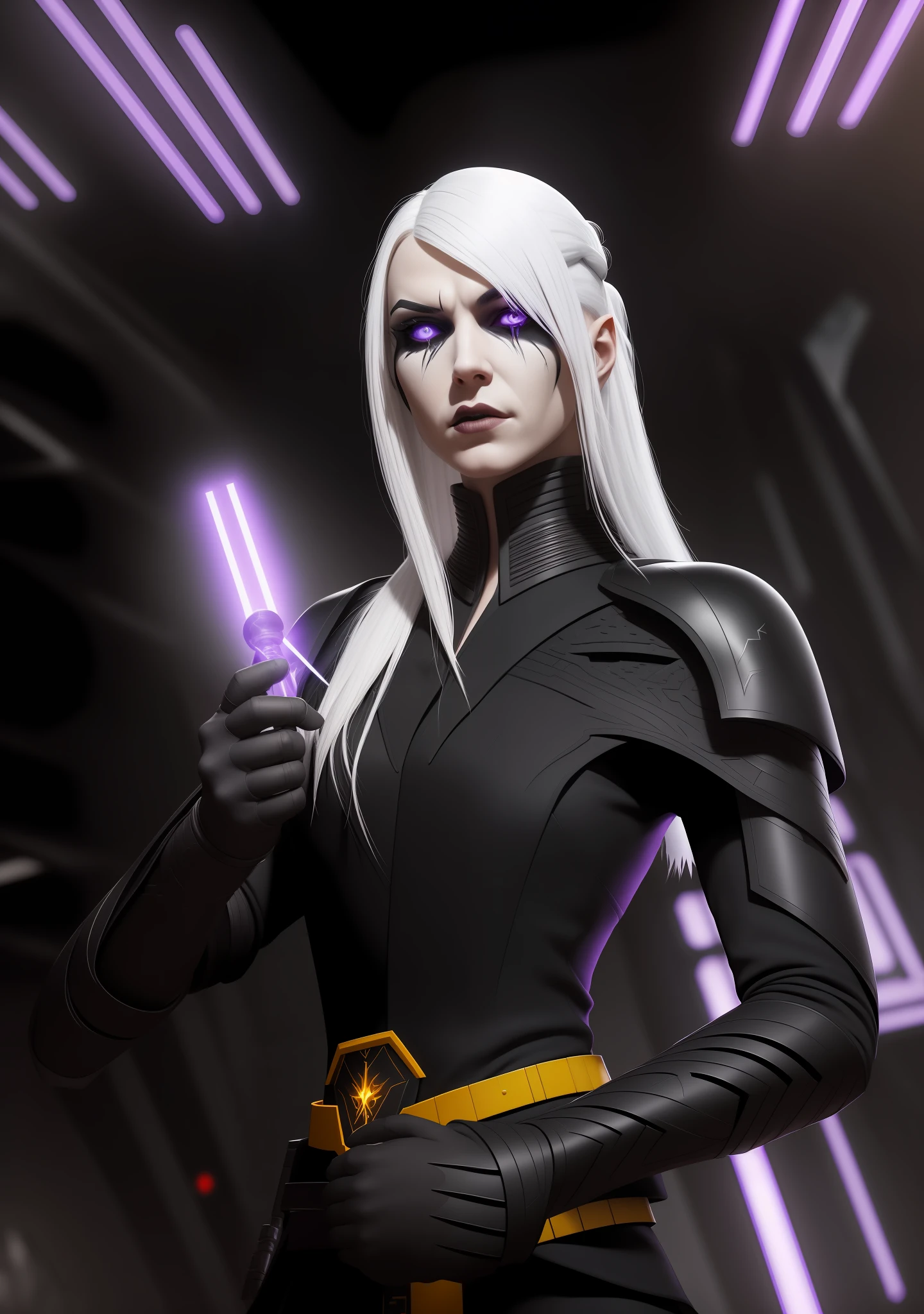 masterpiece, high quality, sharp focus, upper body portrait of a young female sith inquisitor, white hair, black imperial outfit, admiral uniform with black capes, glowing yellow eyes, star wars, pretty face, perfect jawline, purple lighting, sci-fi scene, evil atmosphere, evil vibe, 8k, uhd, absurdres