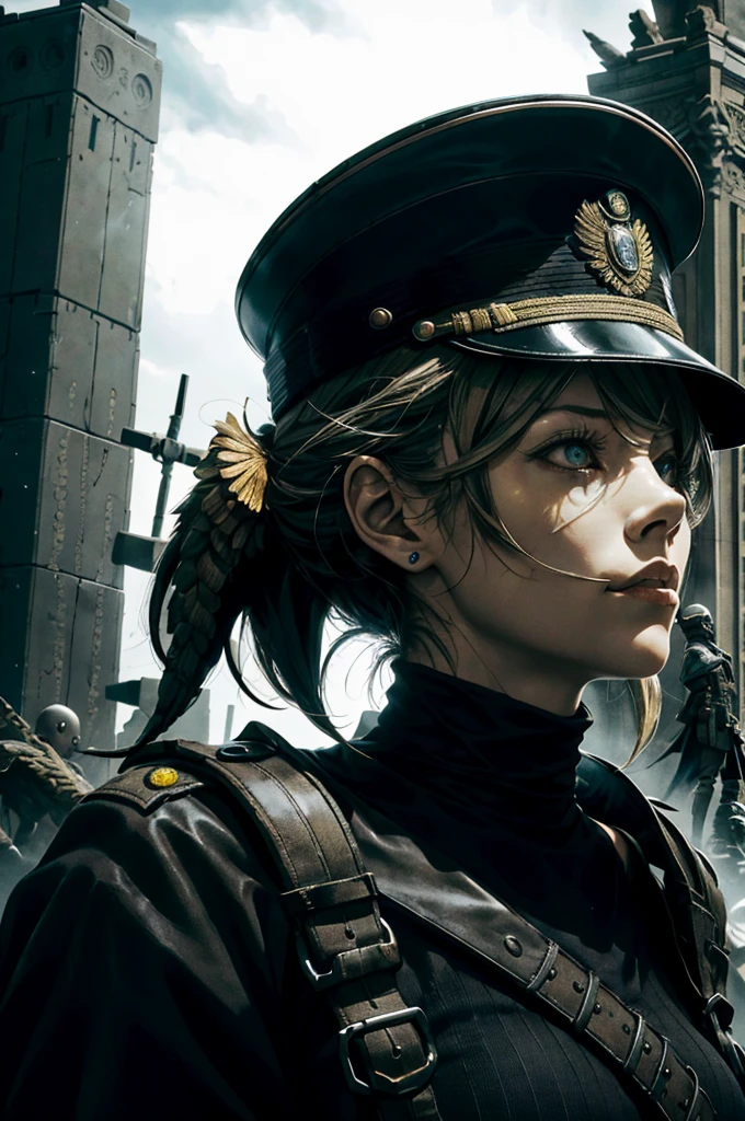 Tanya Degurechaff becomes the Fuhrer, a young, ruthless military prodigy reaching the peak of power. She stands on a large concrete platform surrounded by massive, ominous statues of war machines and soldiers, overlooking the sprawling city of Berlin. The atmosphere is tense, with a mixture of fear and awe as her loyal subordinates look up at her with reverence. The lighting is dark and brooding, with sharp shadows cast by the sculptures and the dim glow of street lamps. The only light on Tanya is a spotlight, highlighting her fierce expression