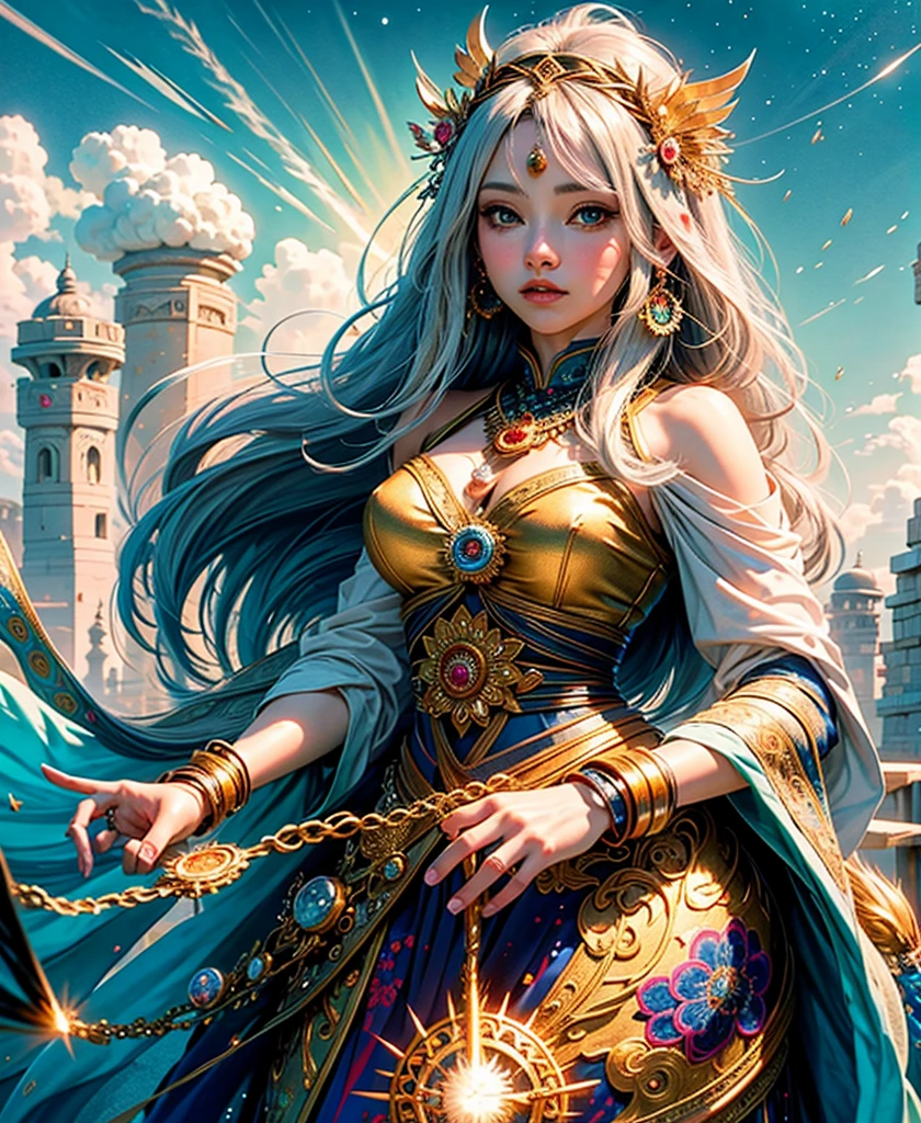 Full body like official art, 8K unit wallpaper, super detailed, beautiful beauty, high quality, beautiful, masterpiece, best quality (zen, mandala, tangled, tangled: 0.6), young goddess in her 20s, silver long hair, sun goddess,