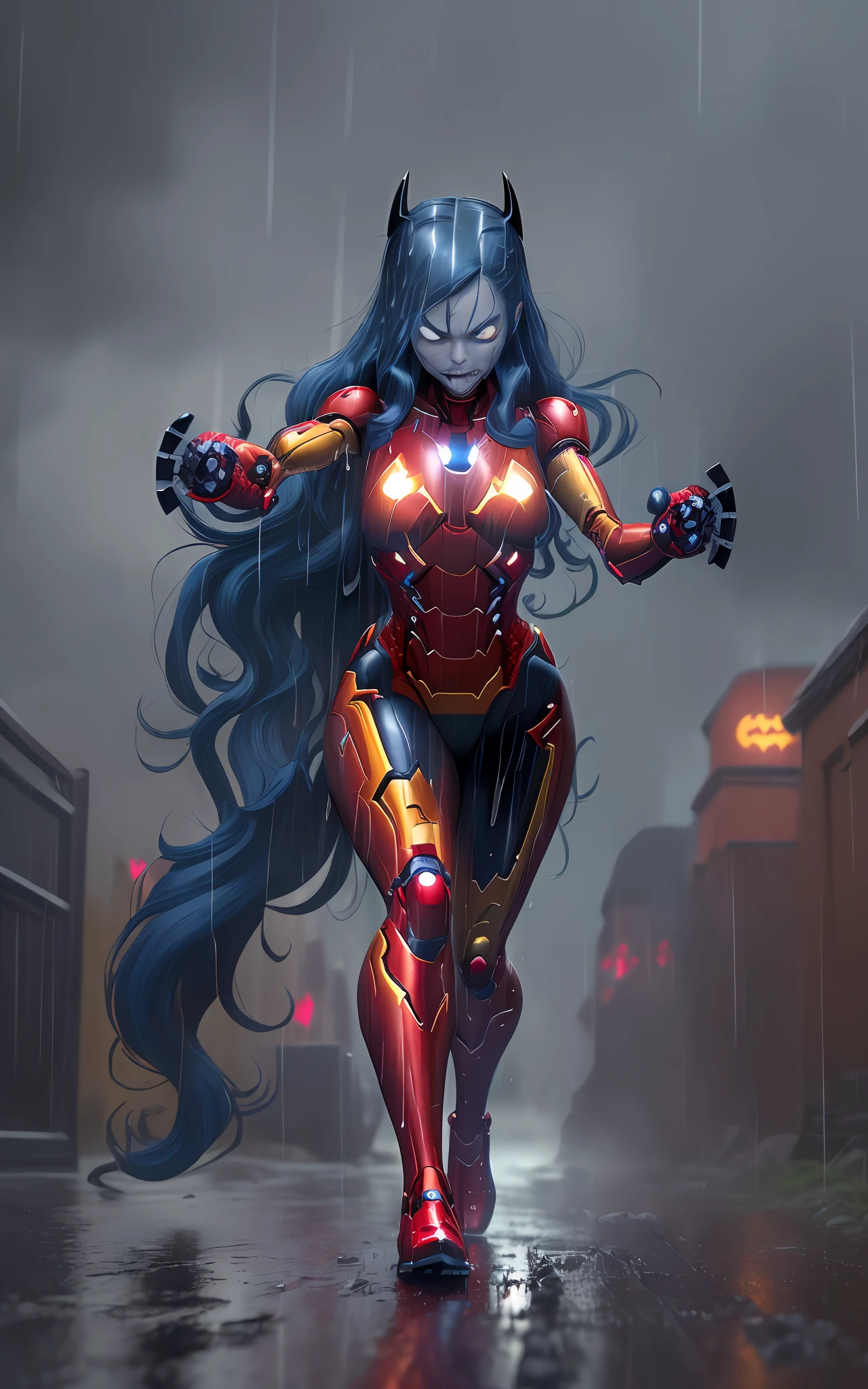 Image 16k, Unreal Engine 5, cartoon style, ((woman/demon/skeleton/zombie/iron man/Batman/spider-man/Samus Aran/pose with guns/running in the rain)), long blue hair, blue eyes, looking at the viewer, in a macabre graveyard with heavy rain with thunder.