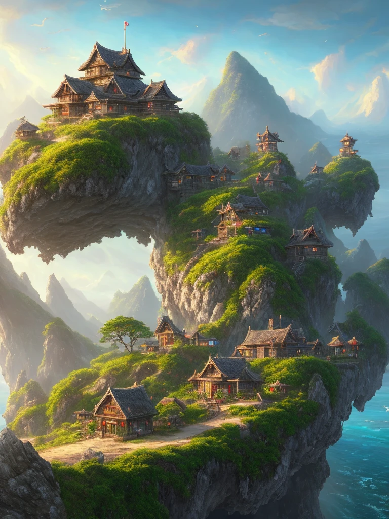 a painting of a small island with a house on top of it, a matte painting by Raymond Han, Artstation contest winner, fantasy art, 4k highly detailed digital art, 4k detailed digital art, 8k high quality detailed art, detailed painting 4 k, 4k detailed art, 4 k hd illustrative wallpaper, 4 k hd wallpaper very detailed