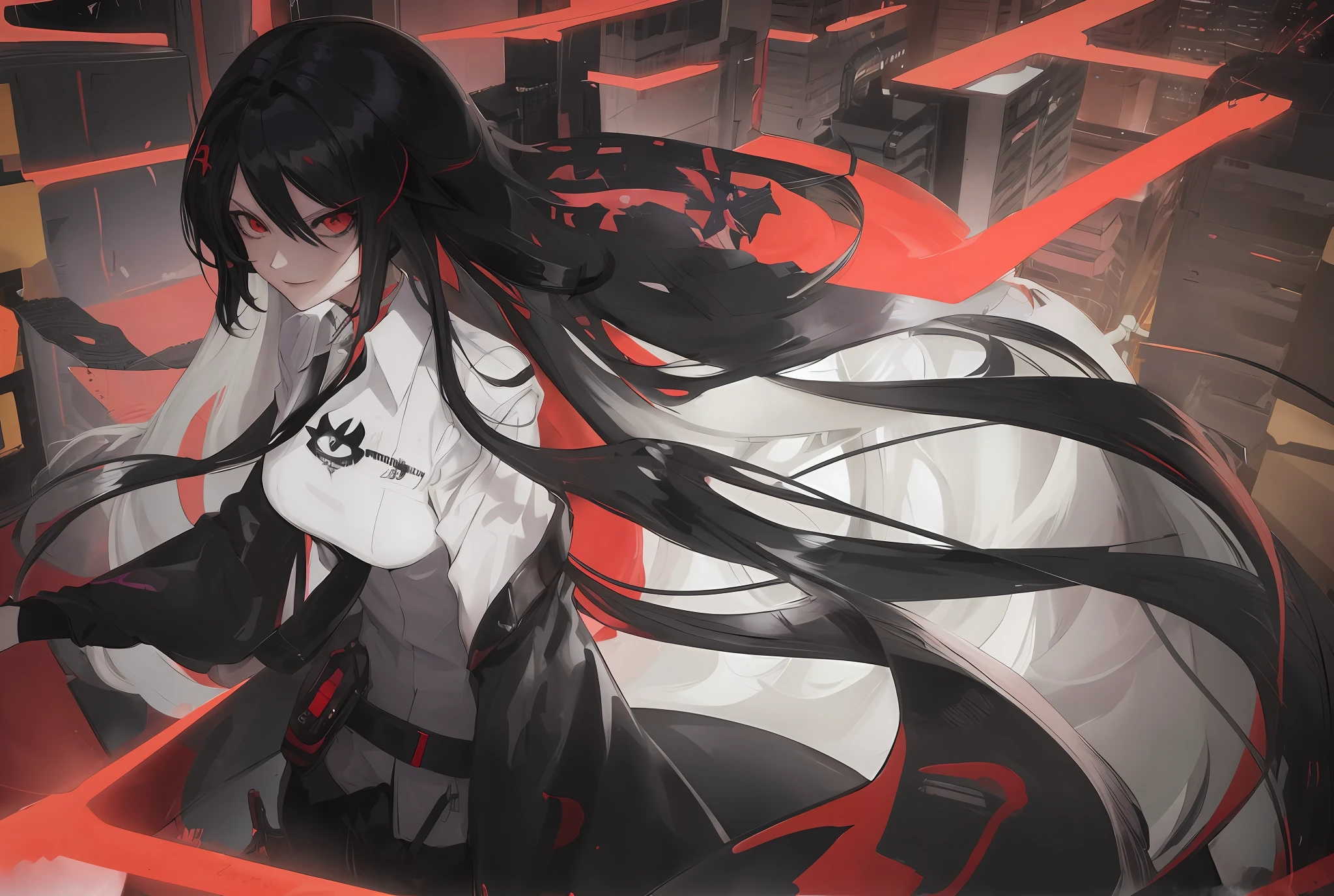 Anime girl in black dress and red sports car, anime style 4K, badass anime 8K, anime girl with long hair, anime girl with long hair, evil smile