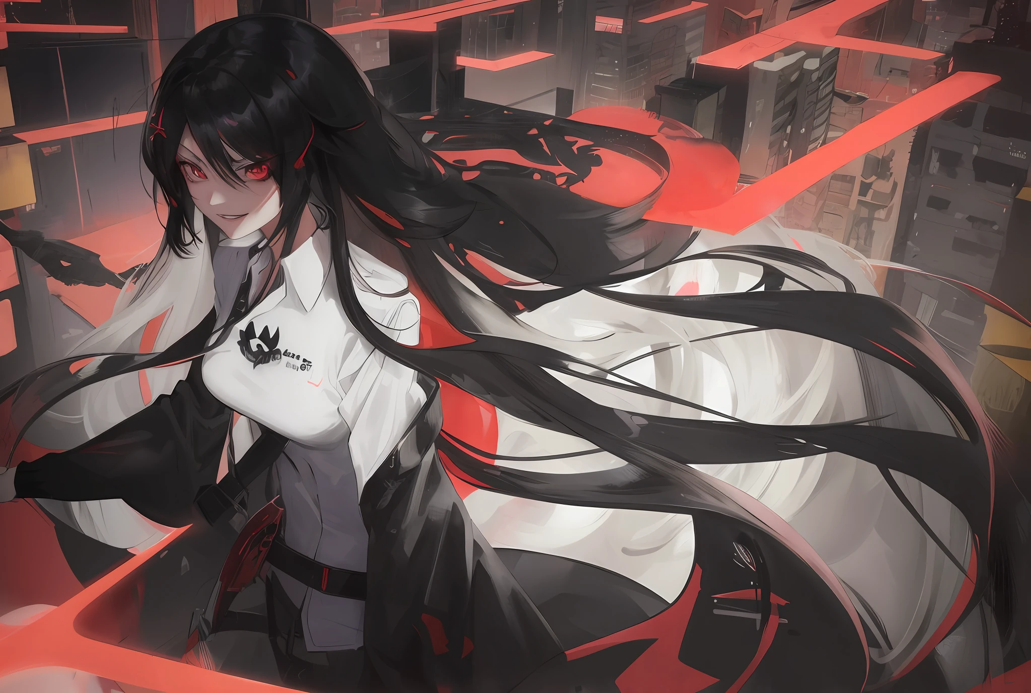 Anime girl in black dress and red sports car, anime style 4K, badass anime 8K, anime girl with long hair, anime girl with long hair, evil smile