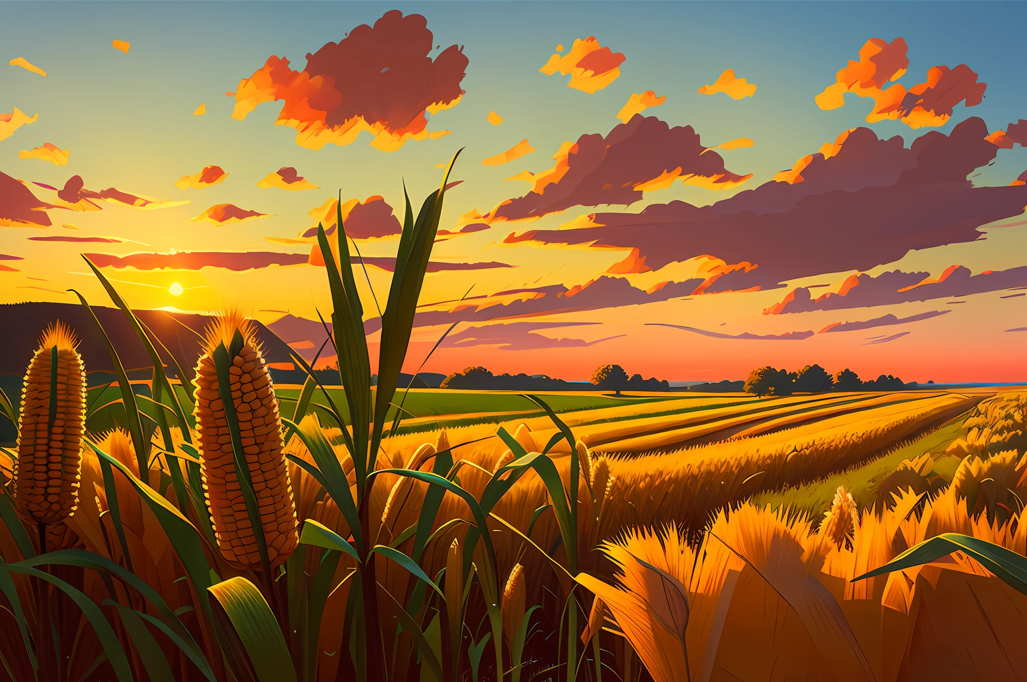 a corn field with some grains in the foreground, late summer, beautiful coloured sky, hyperrealistic digital concept art with edgy coarse brush strokes. concept art in the style of edward hopper and pixar.