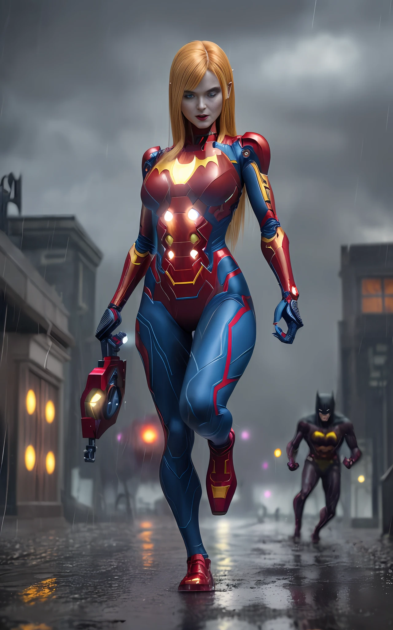 Image 16k, Unreal Engine 5, cartoon style, ((woman/demon/skeleton/zombie/iron man/Batman/spider-man/Samus Aran/pose with guns/running in the rain)), long blue hair, blue eyes, looking at the viewer, in a macabre graveyard with heavy rain with thunder.