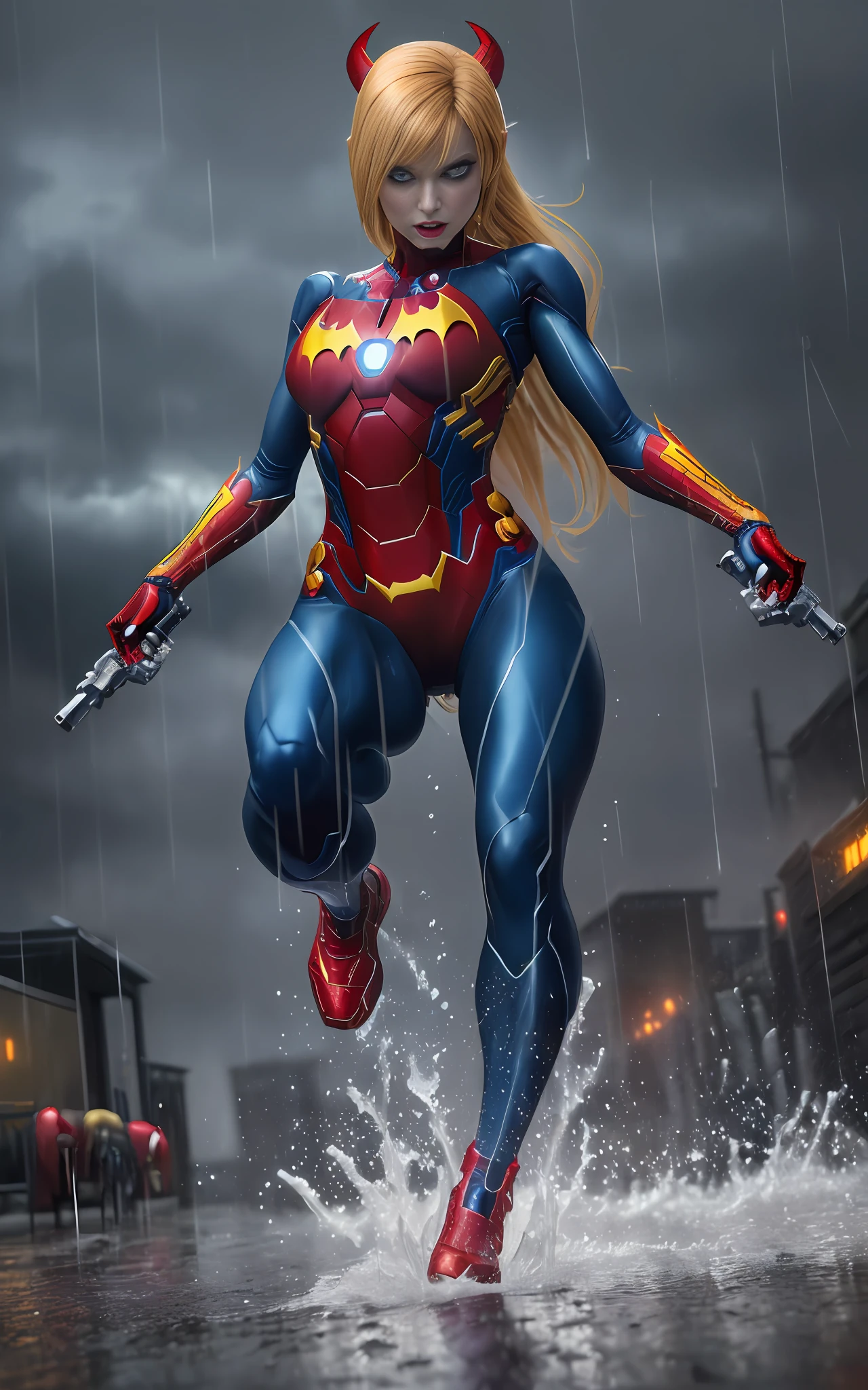 Image 16k, Unreal Engine 5, cartoon style, ((woman/demon/skeleton/zombie/iron man/Batman/spider-man/Samus Aran/pose with guns/running in the rain)), long blue hair, blue eyes, looking at the viewer, in a macabre graveyard with heavy rain with thunder.