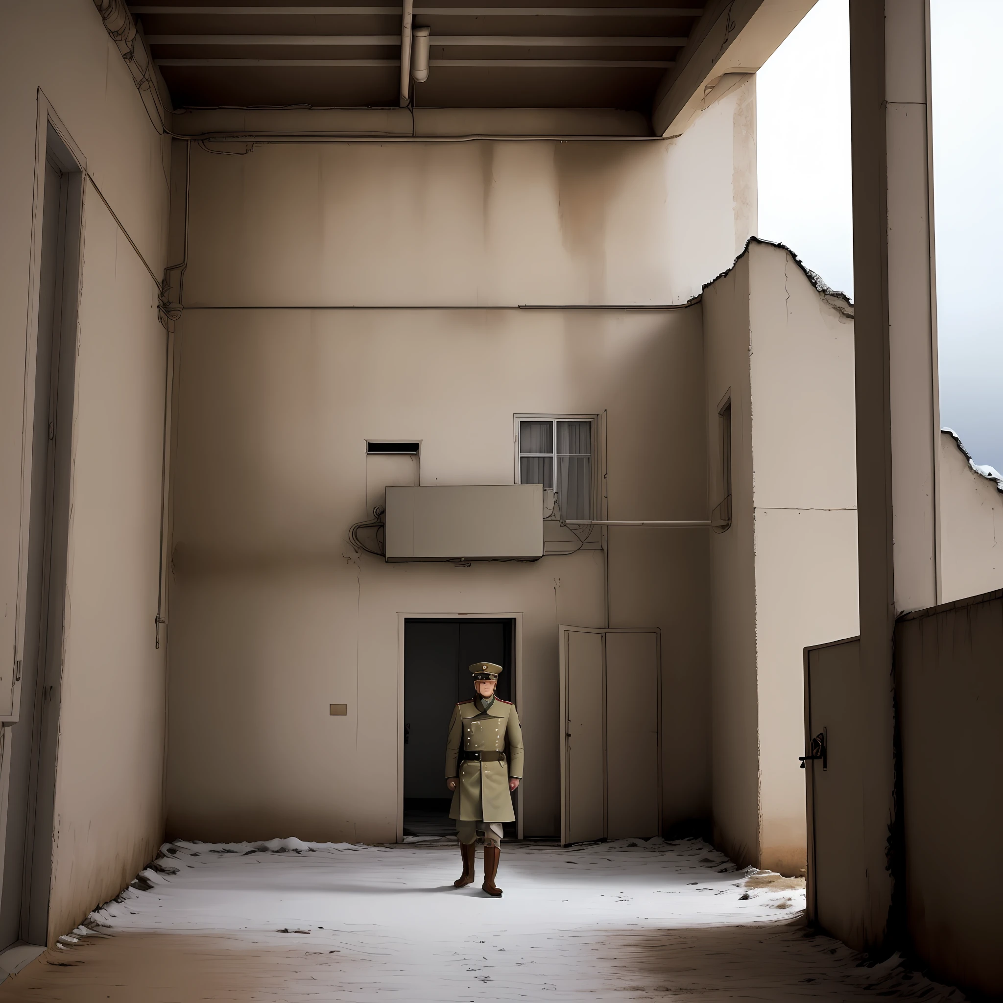 General in front of a Soviet barracks during the Cold War. The place is very beautiful, full of details and well lit