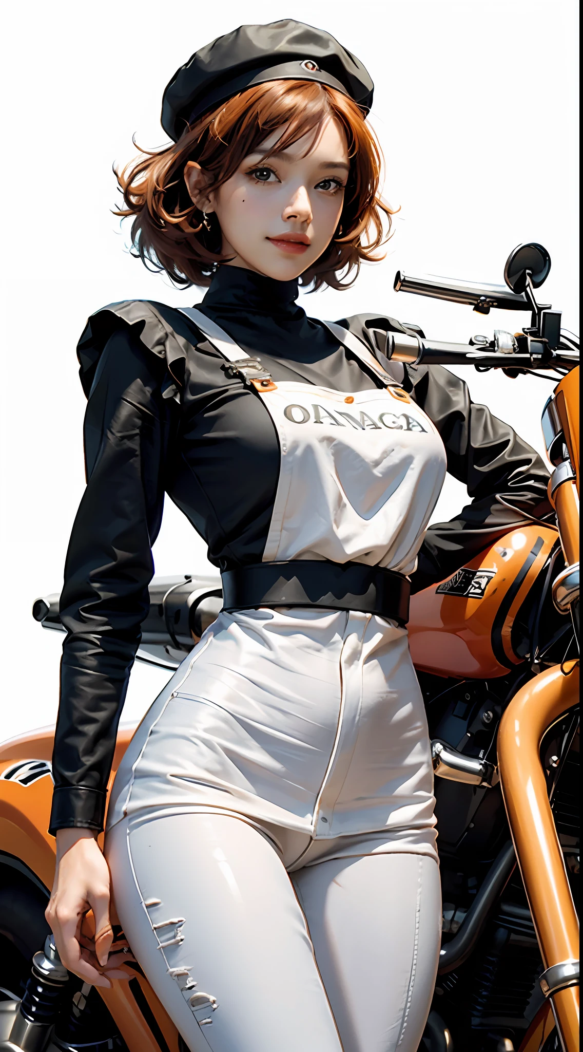 Best quality, realistic, award-winning illustration, (complicated detail: 1.2), (fine detail), (complicated detail), (cinematic lights, best quality), sharp lines, sharp focus, official art, 16k, on a white background, A woman with smiling face, Brazilian, wearing cap, orange cap with black, medium hair black color, wearing jeans posing for a photo, motorcycle wasp model 1970, character design style george lucas,  White background, a playful young boss, wearing black apron uniform with orange, woman of amazing body, next to black wasp bike, pronounced feminine feature, flirting with the camera.