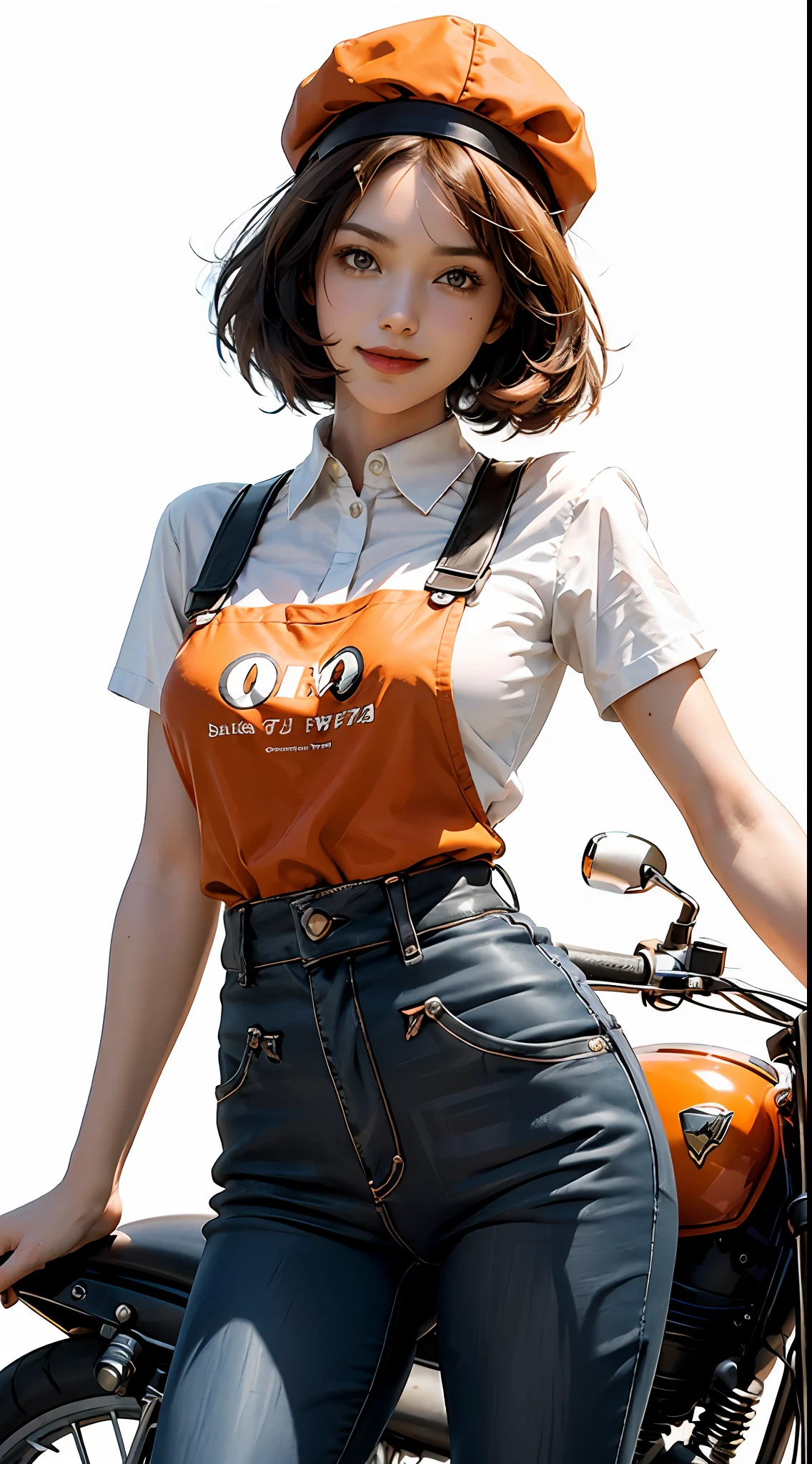 Best quality, realistic, award-winning illustration, (complicated detail: 1.2), (fine detail), (complicated detail), (cinematic lights, best quality), sharp lines, sharp focus, official art, 16k, on a white background, A woman with smiling face, Brazilian, wearing cap, orange cap with black, medium hair black color, wearing jeans posing for a photo, motorcycle wasp model 1970, character design style george lucas, White background, a playful young boss, wearing black apron uniform with orange, woman of amazing body, next to black wasp bike, pronounced feminine feature, flirting with the camera.