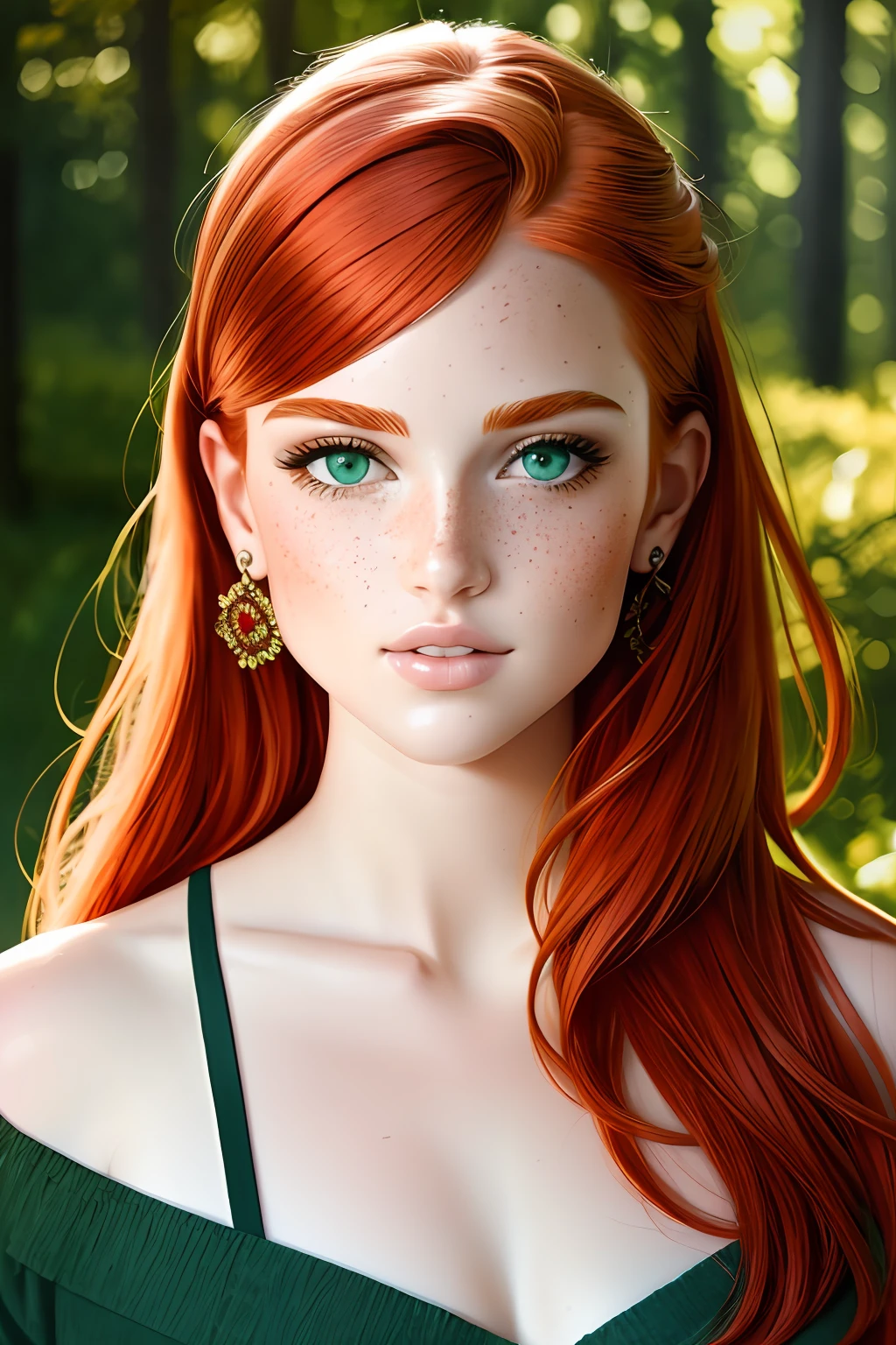 In the style of Naturalism, create a captivating image of a red-haired girl with freckles on her face and enchanting green eyes. This highly detailed artwork should highlight the unique features of her face, with intricate sharp details and a realistic rendering. Use a warm color palette to enhance the natural beauty of her red hair and the vibrant intensity of her green eyes. Let the artwork evoke a sense of authenticity and realism, capturing the essence of the subject in a way that resonates with viewers.