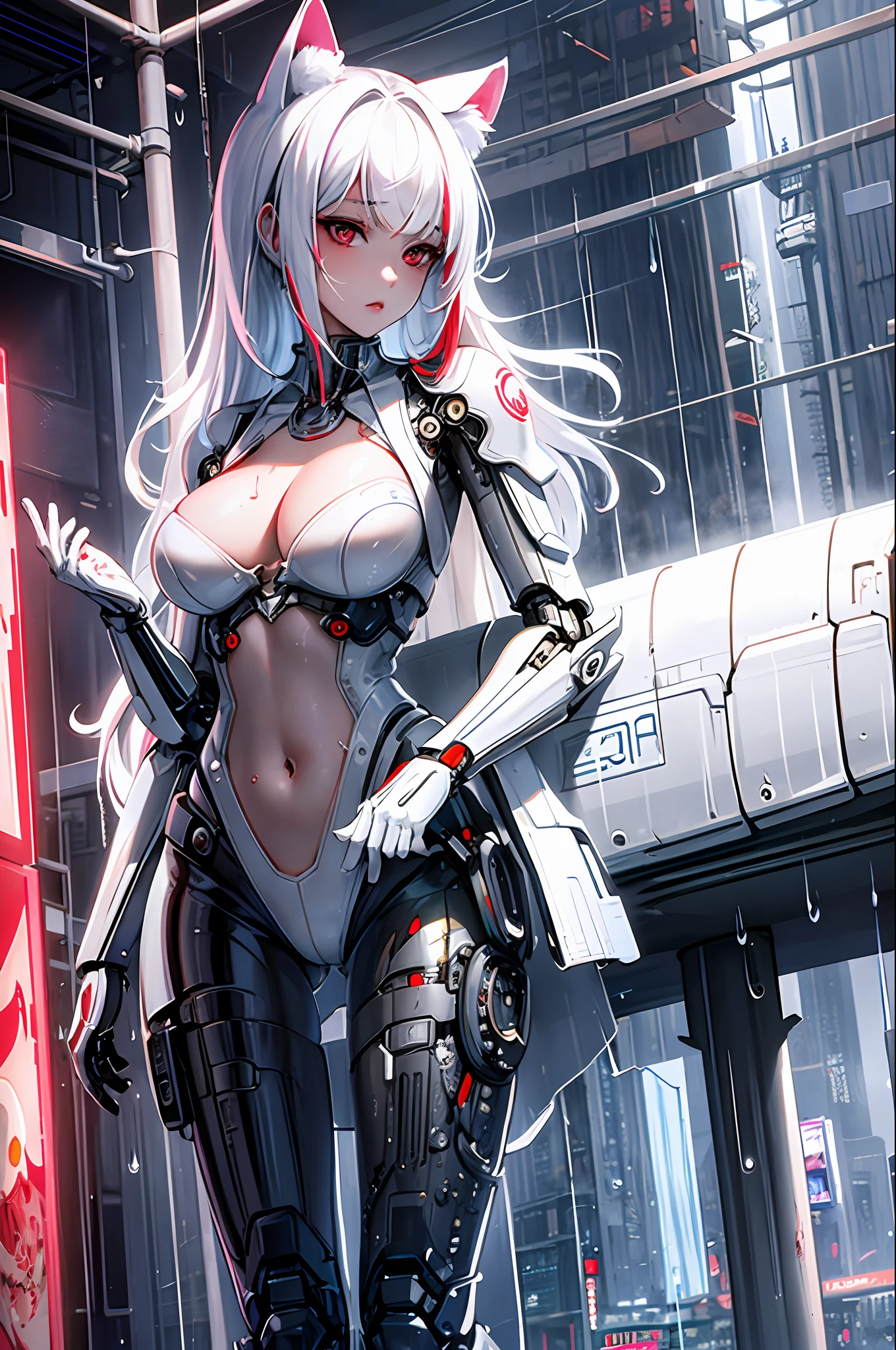 ((masterpiece)), (((best quality))), ((ultra-detailed)), ((illustration)), reflection, sharp focus, front lighting, intense shadows, realistic (beautiful detailed eyes), eyelashes, an extremely delicate and beautiful girl, cat ears, ((red eyes)), white hair, long hair, navel, big, shiny skin, mecha_musume, machanical_parts, robot_joints, transparent embroidered silver letter|white latex suit, cinematographic lighting mask,  Radius trace, depth of field, dynamic angle, looking at the viewer, (((cyberpunk city))), (((the best building))), (((rain))), (blood on the face)