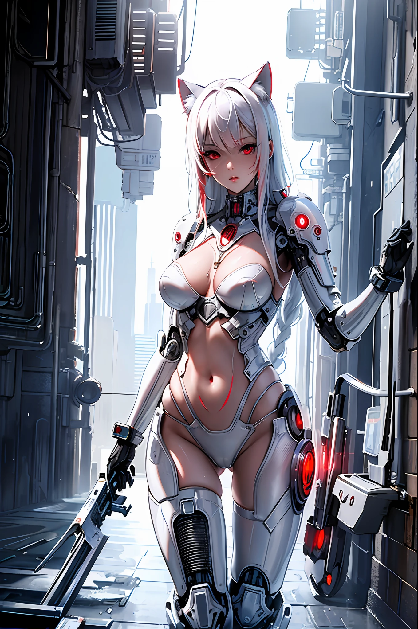 ((masterpiece)), (((best quality))), ((ultra-detailed)), ((illustration)), reflection, sharp focus, front lighting, intense shadows, realistic (beautiful detailed eyes), eyelashes, an extremely delicate and beautiful girl, cat ears, ((red eyes)), white hair, long hair, navel, big, shiny skin, mecha_musume, machanical_parts, robot_joints, transparent embroidered silver letter|white latex suit, cinematographic lighting mask, Radius trace, depth of field, dynamic angle, looking at the viewer, (((cyberpunk city))), (((the best building))), (((rain))), (blood on the face)