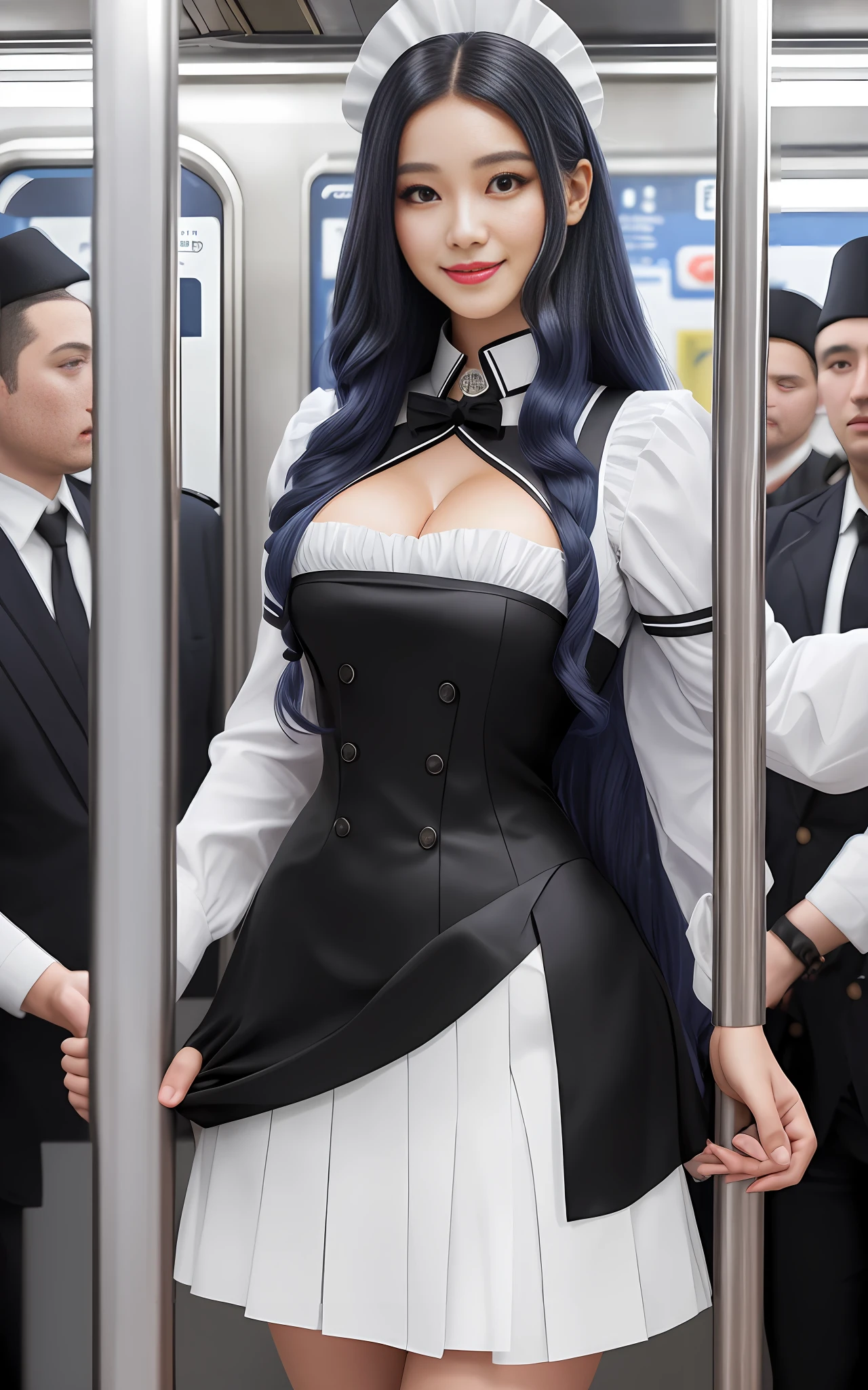 Image of 16k, beautiful maid in black costume with white skirt half white, clothes very tight on the body, long blue hair curly, within a meter full of men looking at her uniform, she is happy and keeps showing off inside the subway.